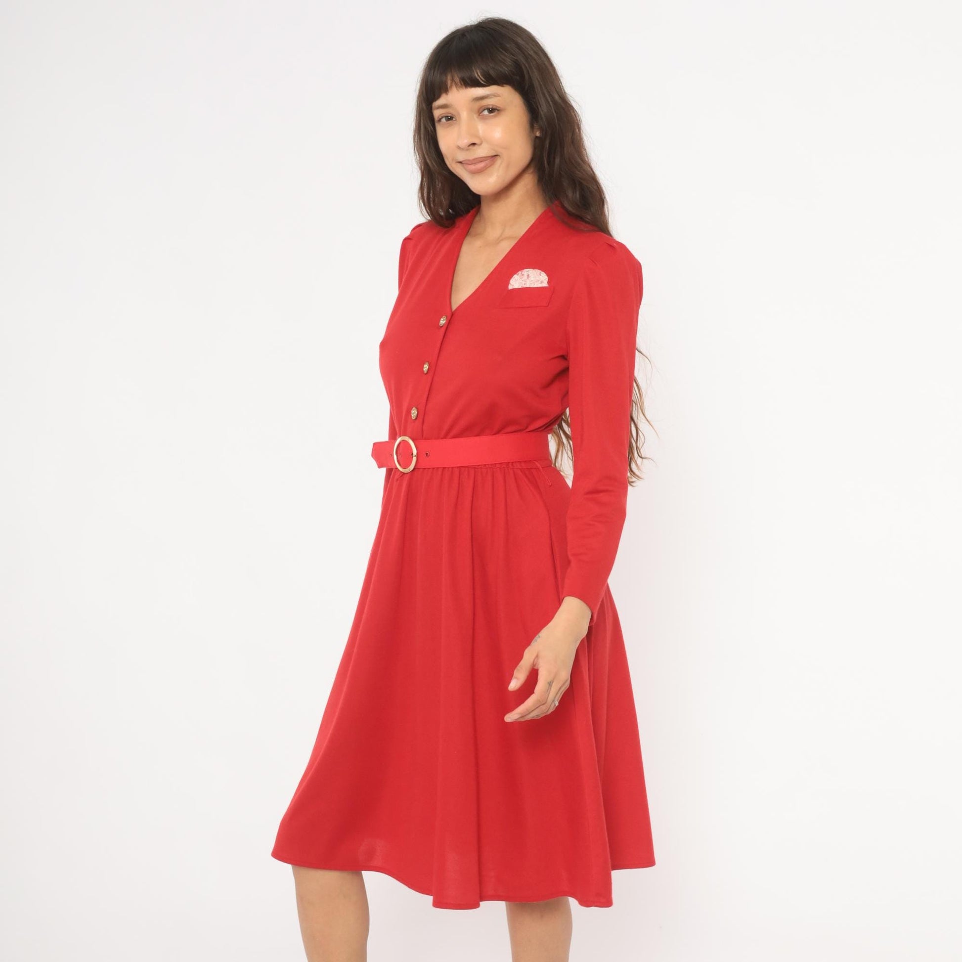 80s Tabby of California Red Day Dress Puff Sleeve V-Neck Gold Buttons Small S
