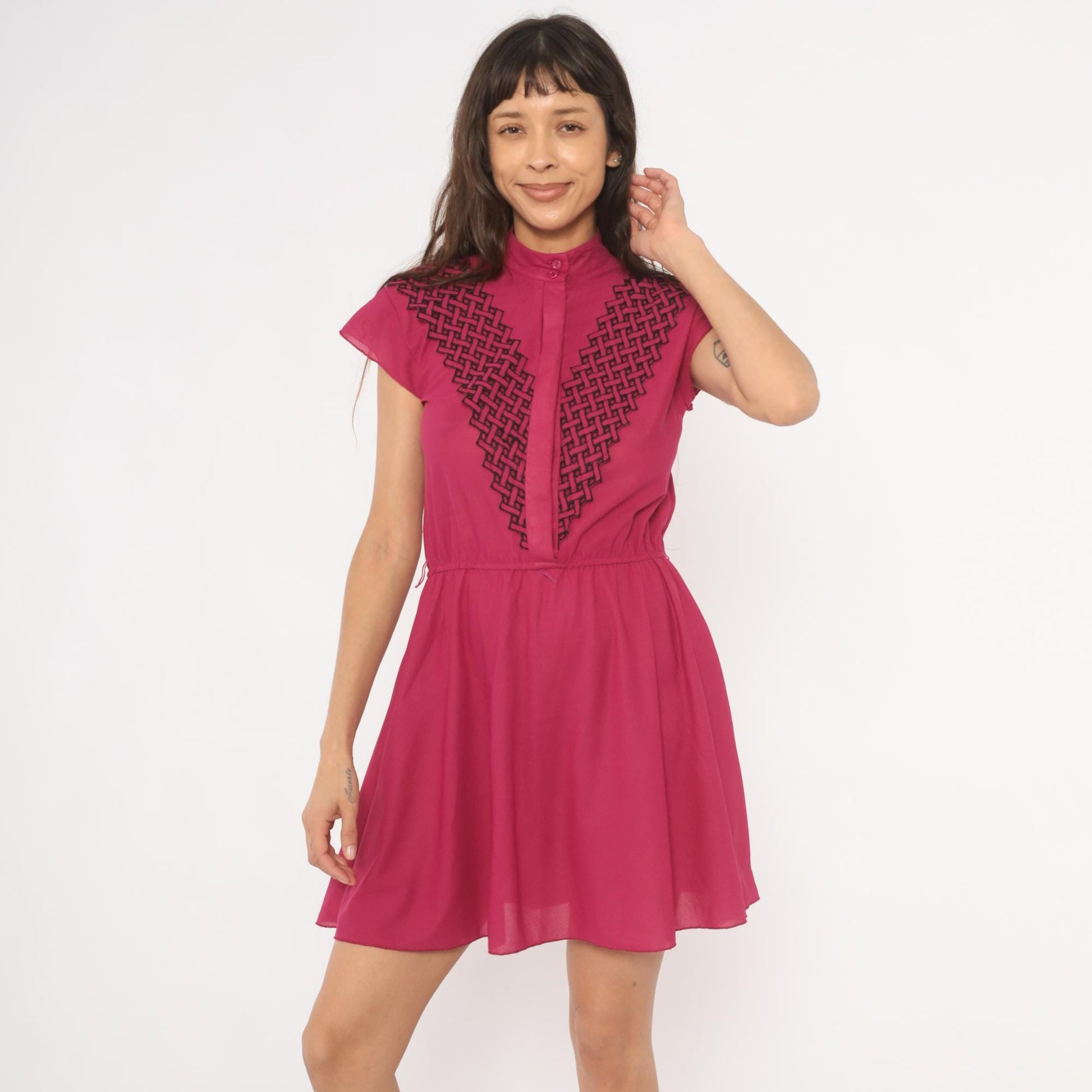 80s Good News from California Fuchsia Mini Dress Mandarin Collar Geometric Embroidery Small S