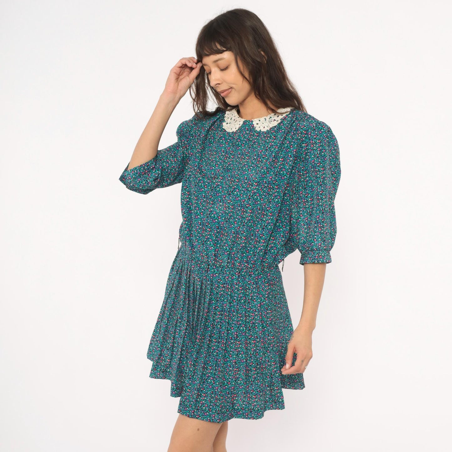 80s Brelli Originals Ditsy Floral Mini Dress Puff Sleeve Peter Pan Collar Large L