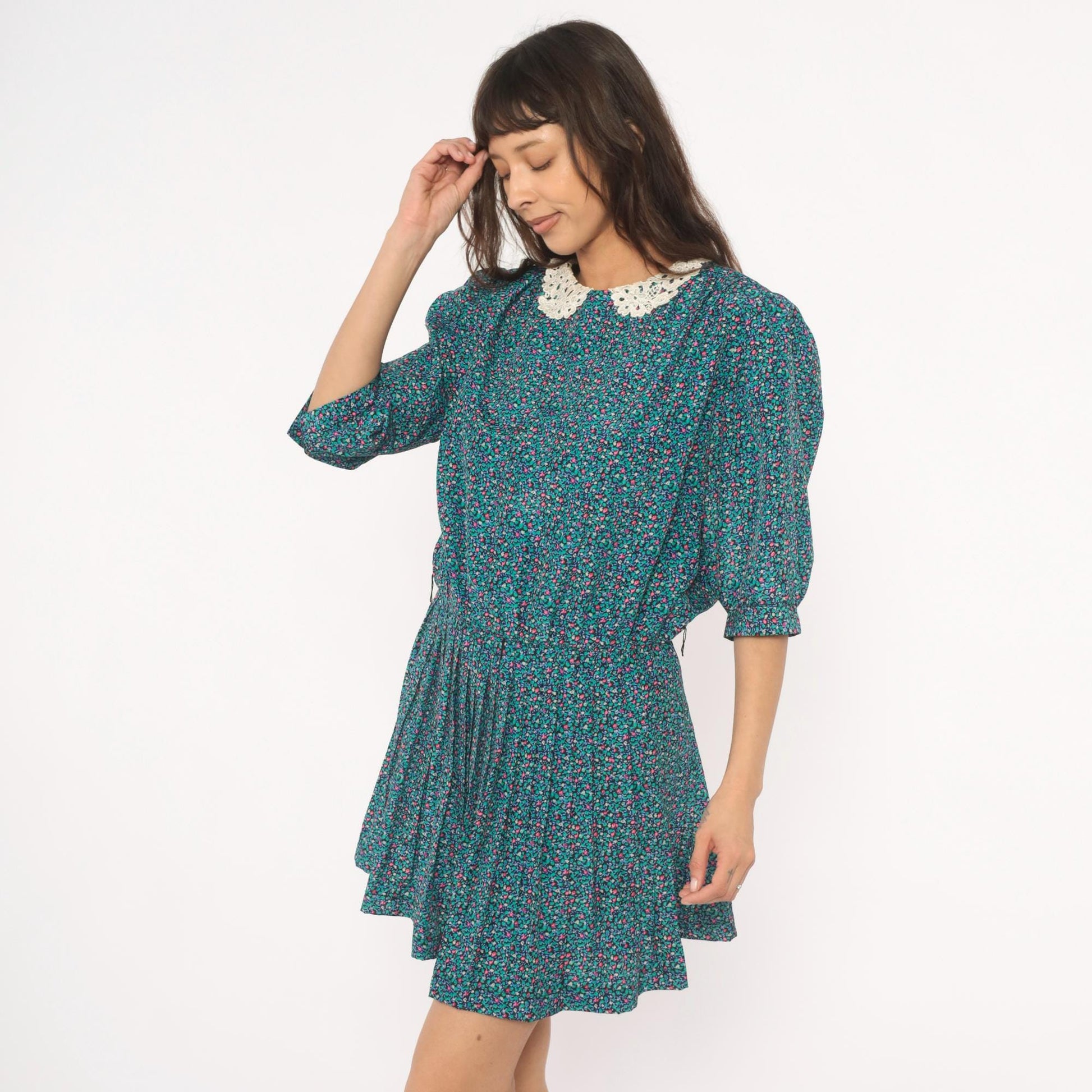80s Brelli Originals Ditsy Floral Mini Dress Puff Sleeve Peter Pan Collar Large L