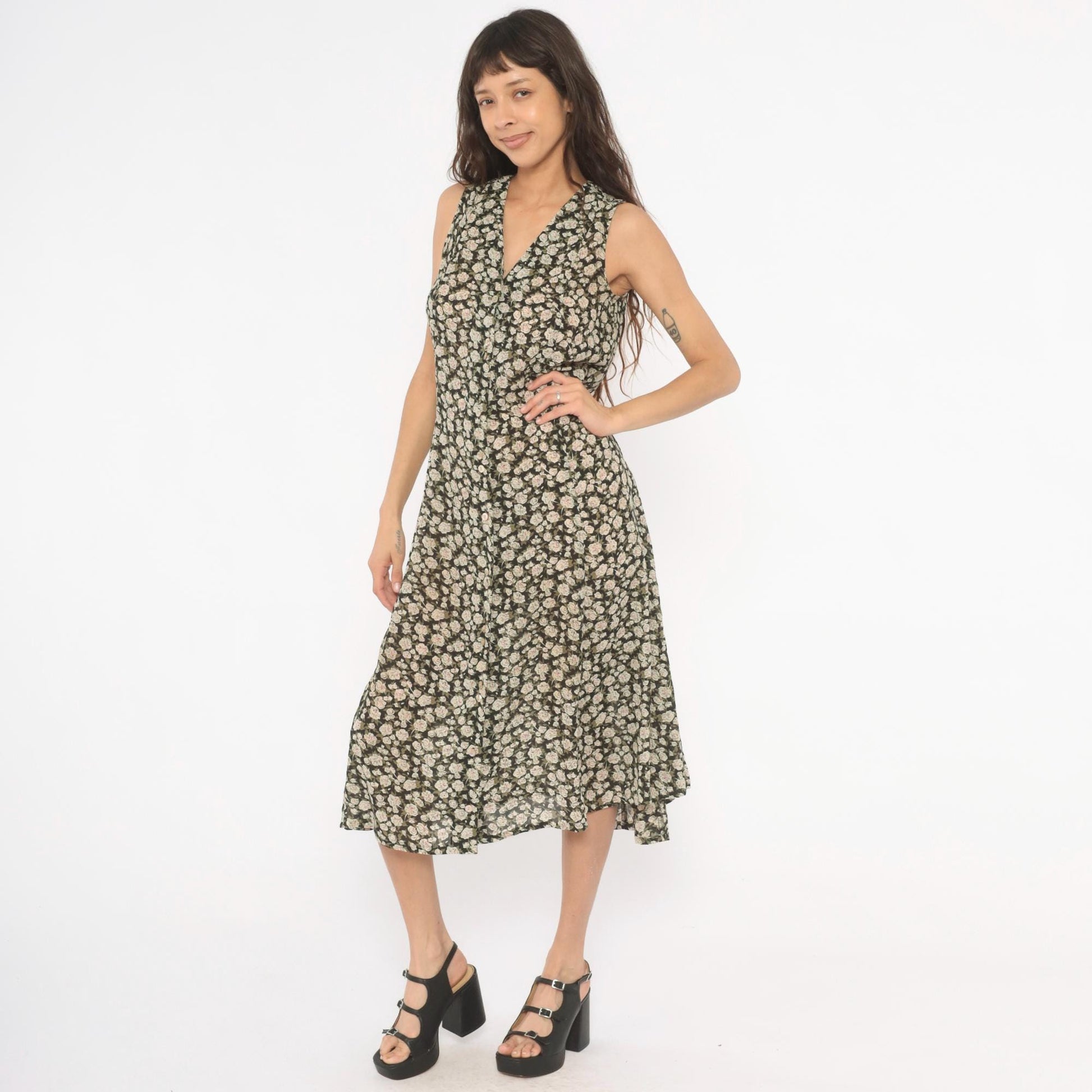 90s Express Floral Midi Dress V-Neck Black Cream Rose Print Size 9
