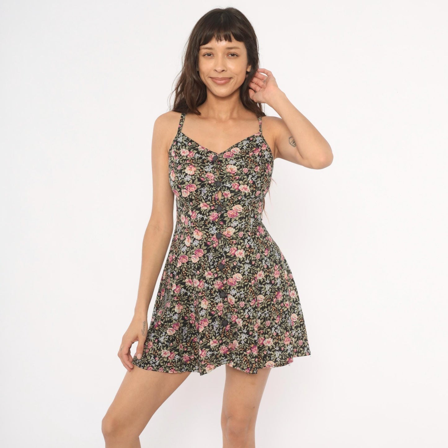 90s Black Floral Mini Sundress Pink Roses Lace-Up Back Spaghetti Strap Extra Small XS