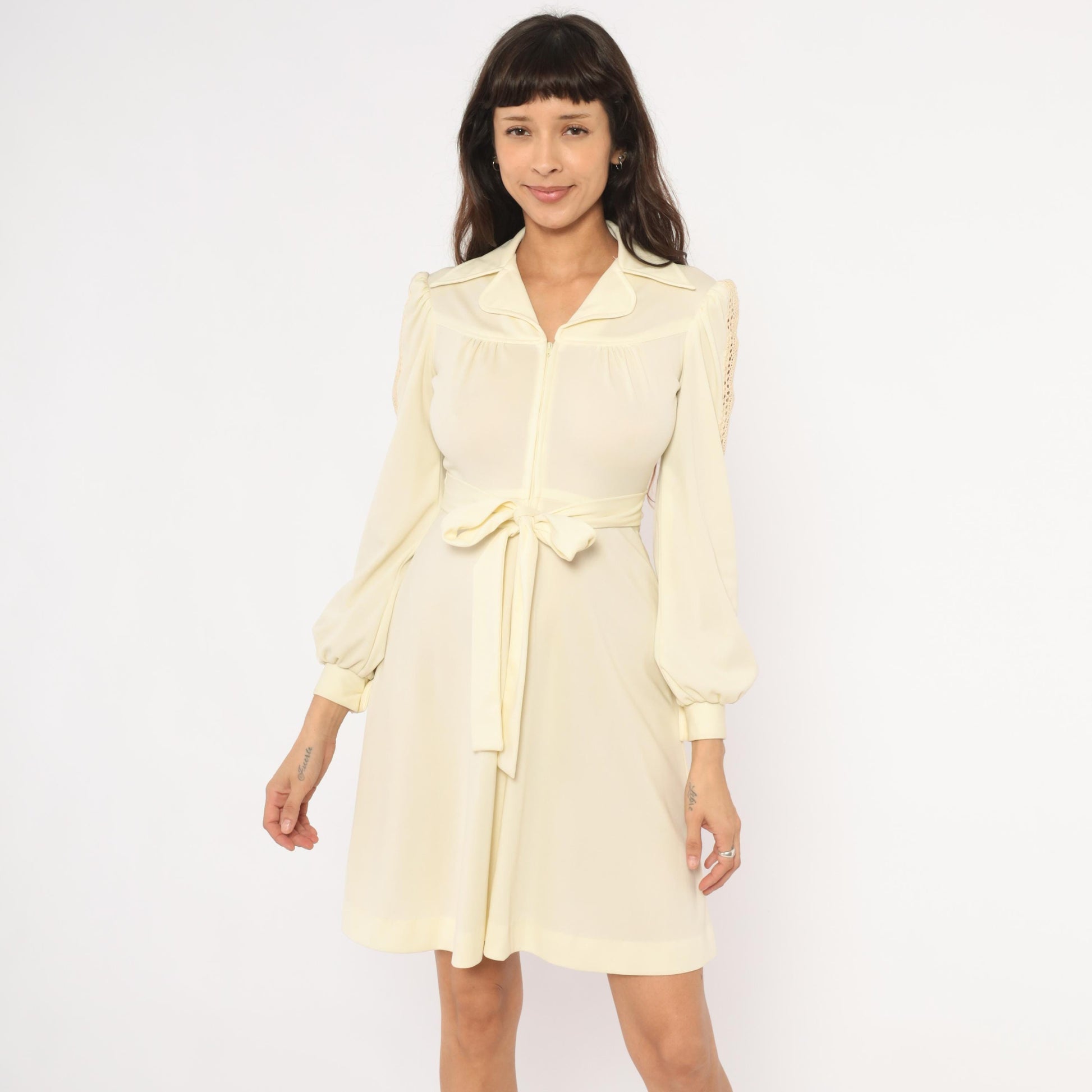 70s Cream Zip-Front Mini Dress Bishop Sleeve Crochet Lace Small S