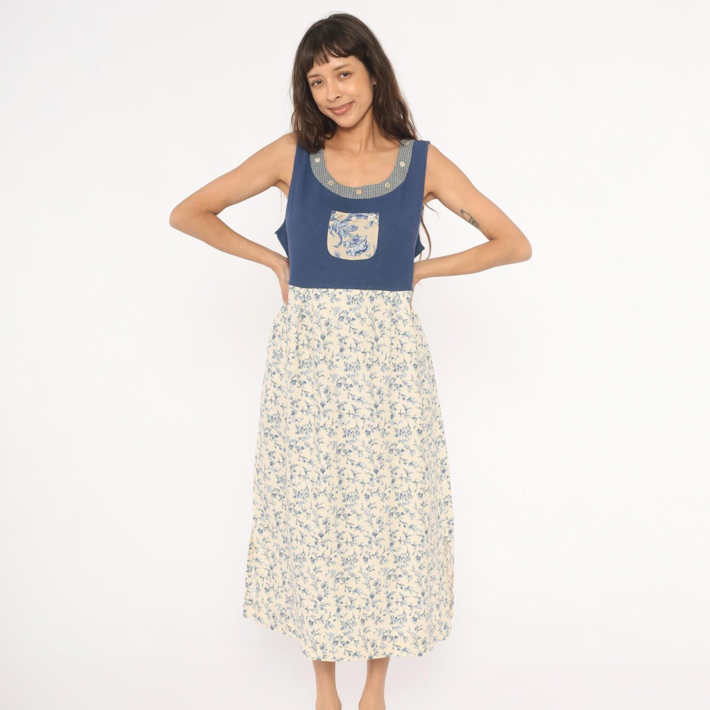 90s Napa Valley Floral Jumper Dress Blue Cream Linen Midi Large L
