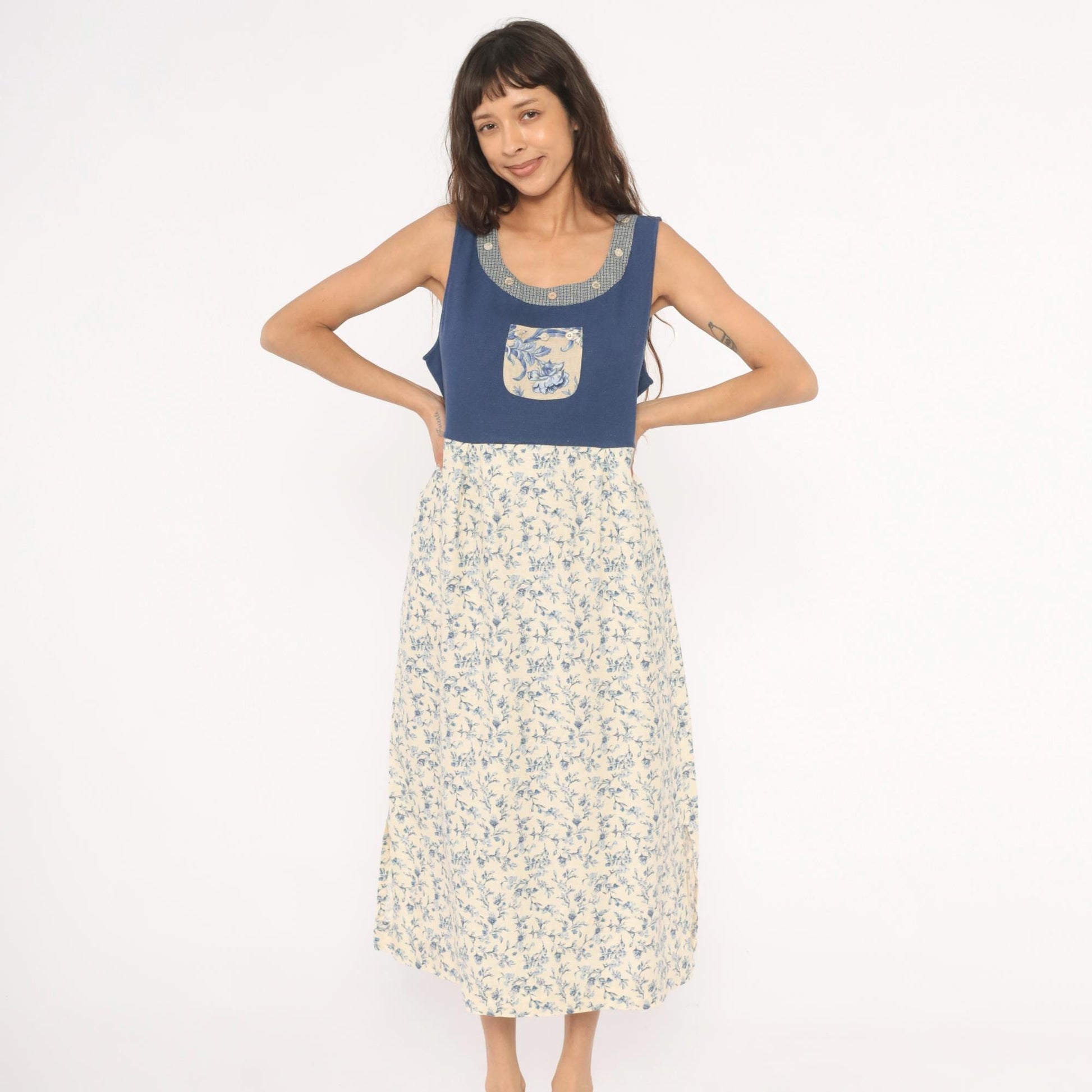 90s Napa Valley Floral Jumper Dress Blue Cream Linen Midi Large L