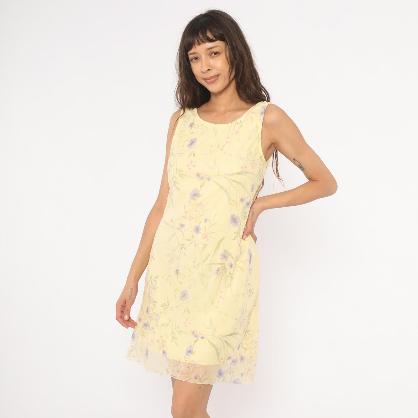 90s City Triangles Floral Chiffon A-Line Dress Yellow Lavender Small