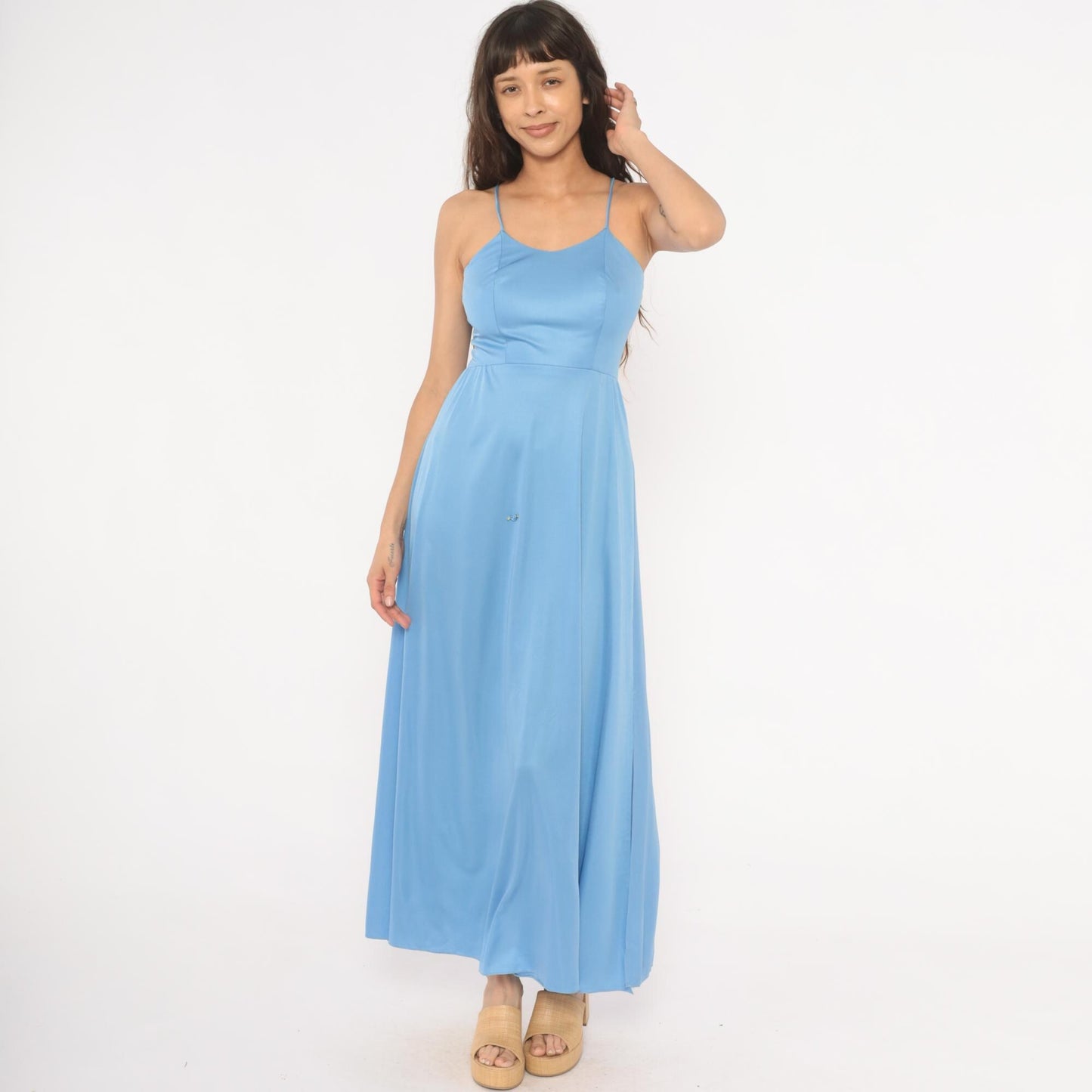 70s Sky Blue Maxi Dress Spaghetti Strap Rosette Detail Side Slit Extra Small XS