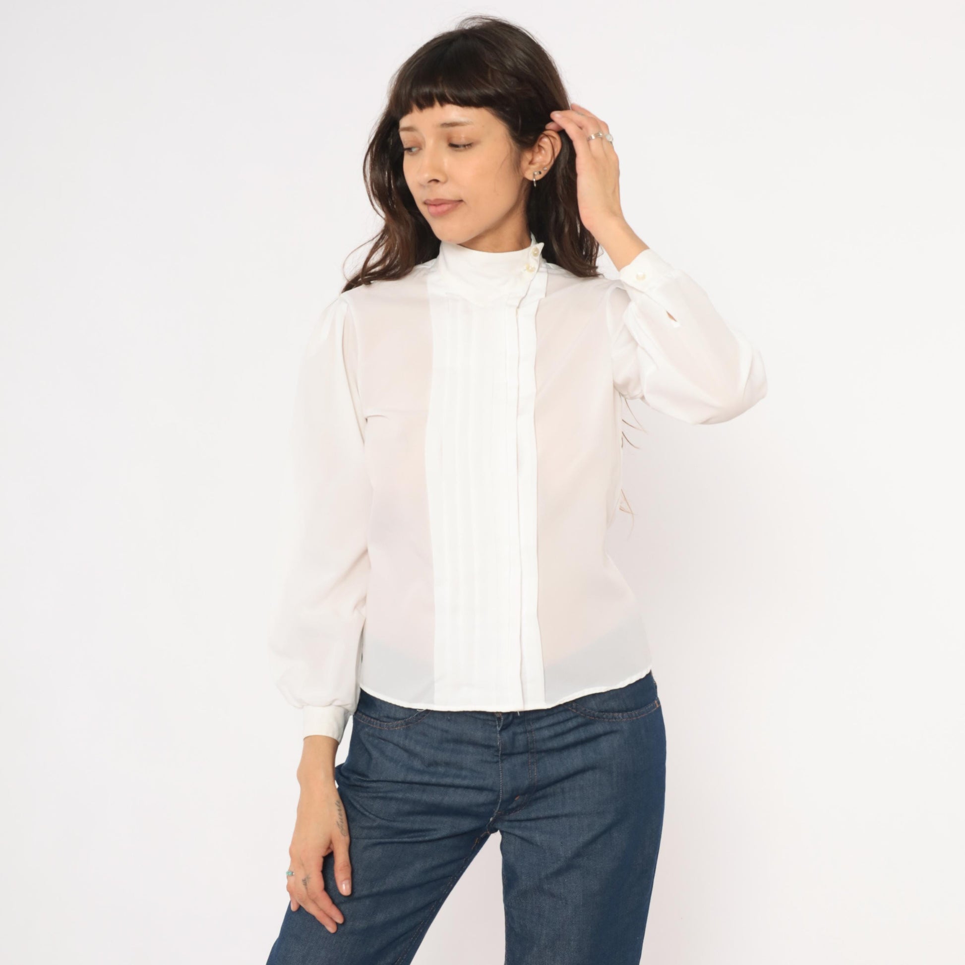80s Kanga Sport White Pintuck Blouse Puff Sleeve High Collar Small S