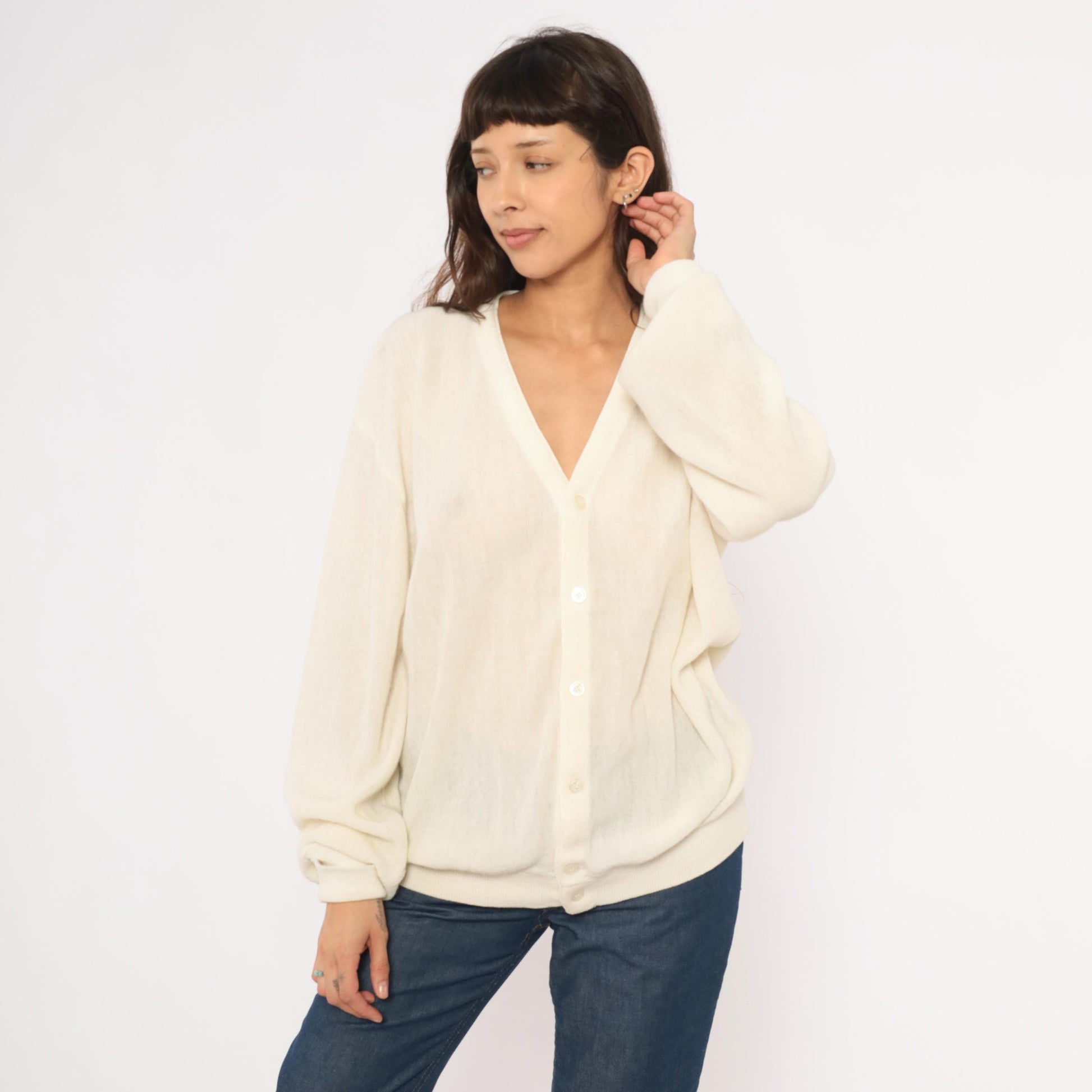 80s Jantzen Ivory Sheer Knit Cardigan V-Neck Button-Up Cream Large L