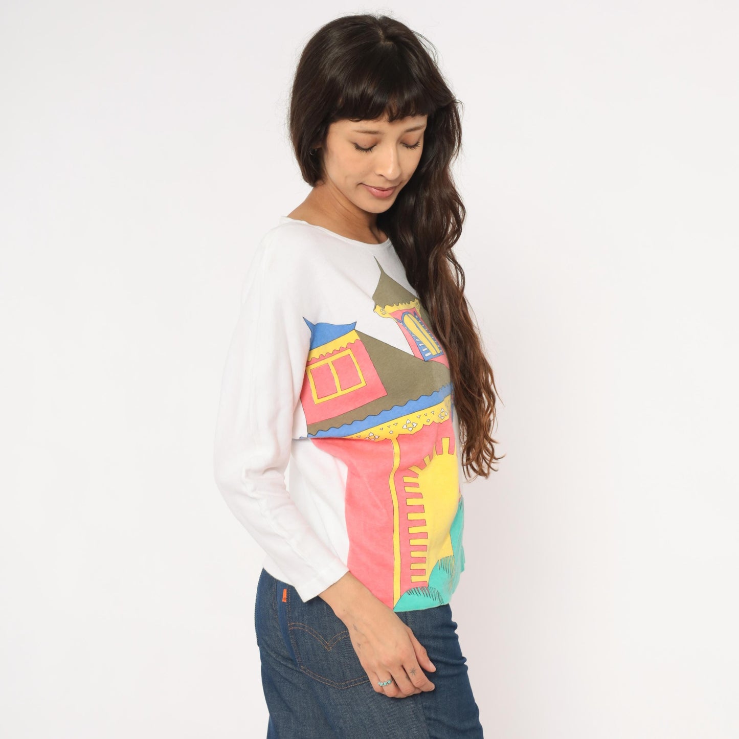 90s Tony Lambert Tropical House Cotton Graphic Tee Boat Neck Medium M