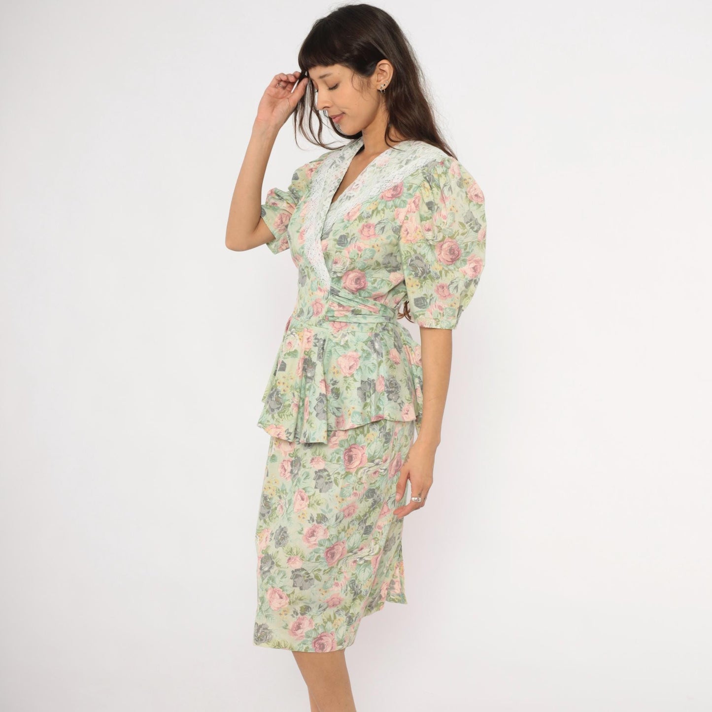 90s Sage Floral Peplum Dress Pink Rose Lace Collar Puff Sleeve Medium M