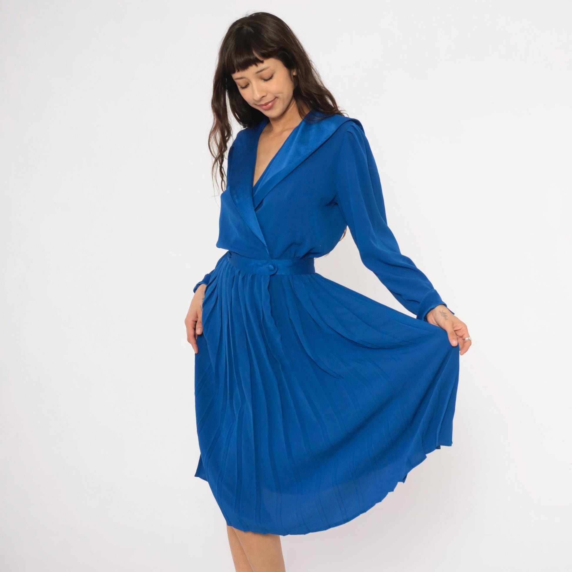 90s Petites for Maggy Cobalt Wrap Dress Puff Sleeve Pleated Knee-Length Medium