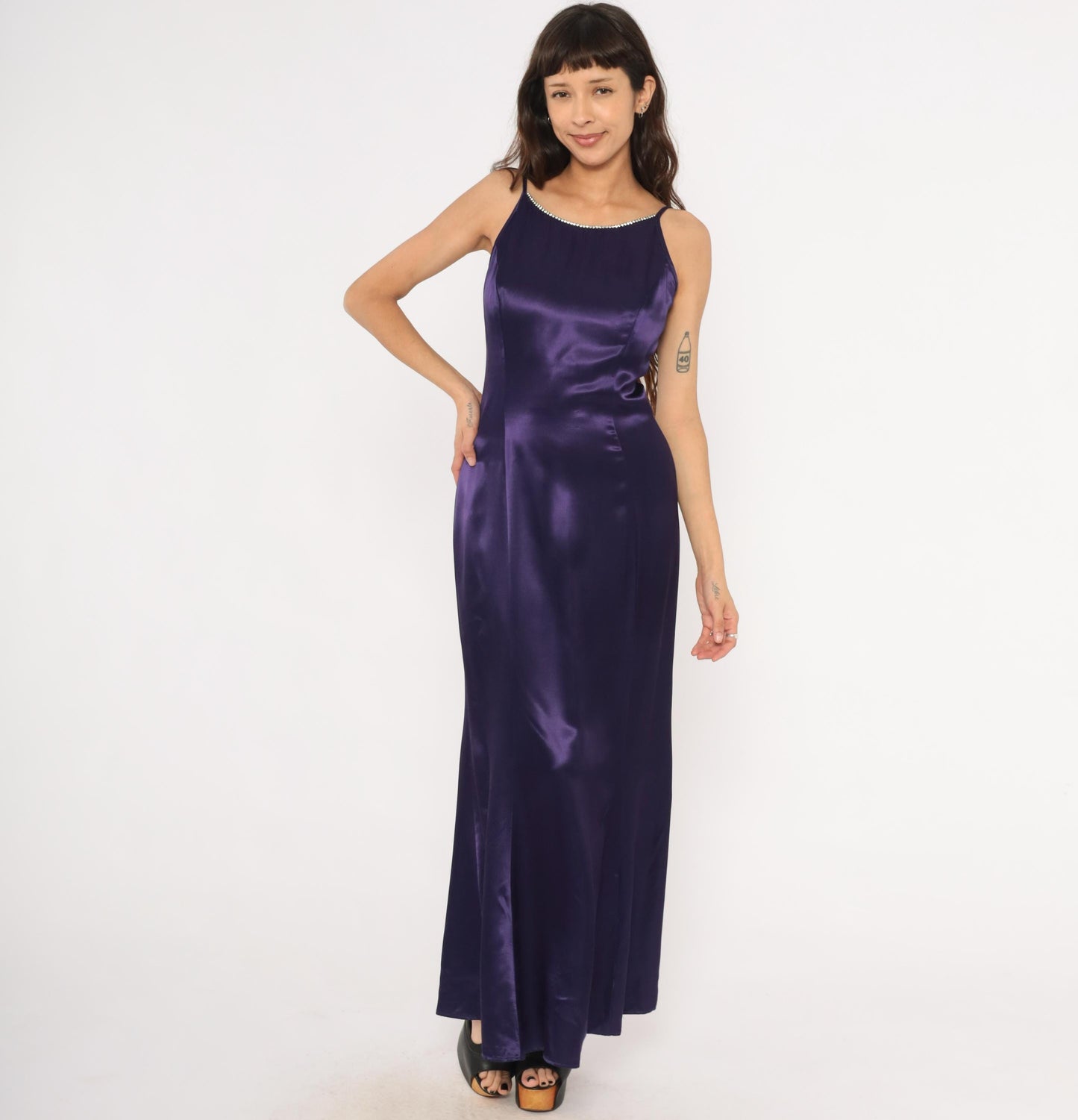 90s Jessica McClintock Gunne Sax Purple Satin Maxi Gown Rhinestone Small S