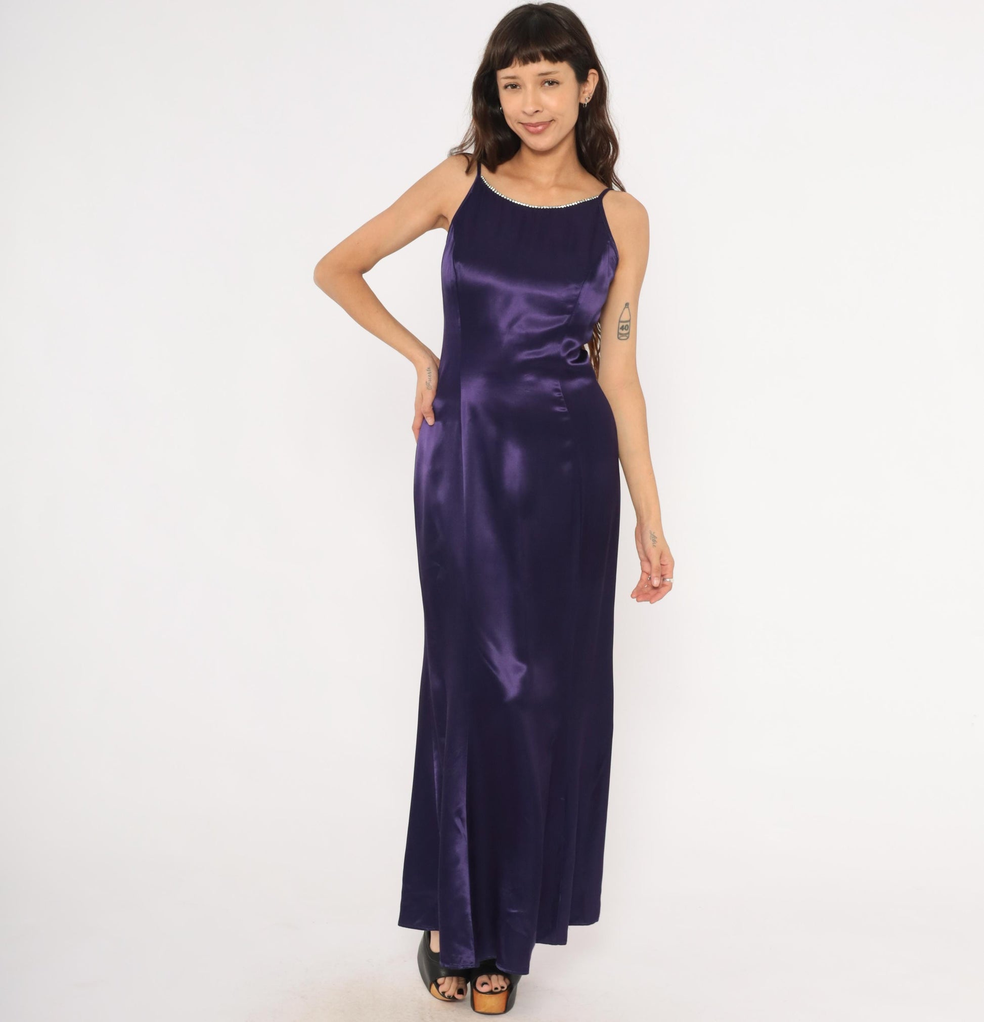 90s Jessica McClintock Gunne Sax Purple Satin Maxi Gown Rhinestone Small S