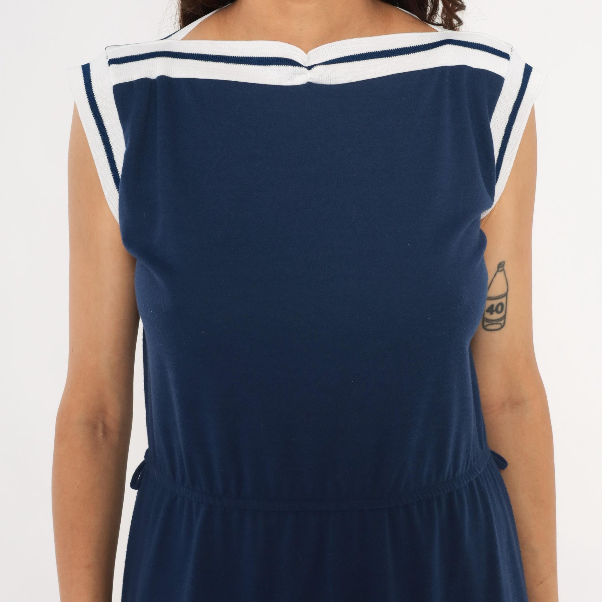 80s Navy Sailor Collar Dress Knee Length White Stripe Trim Cap Sleeve Large L