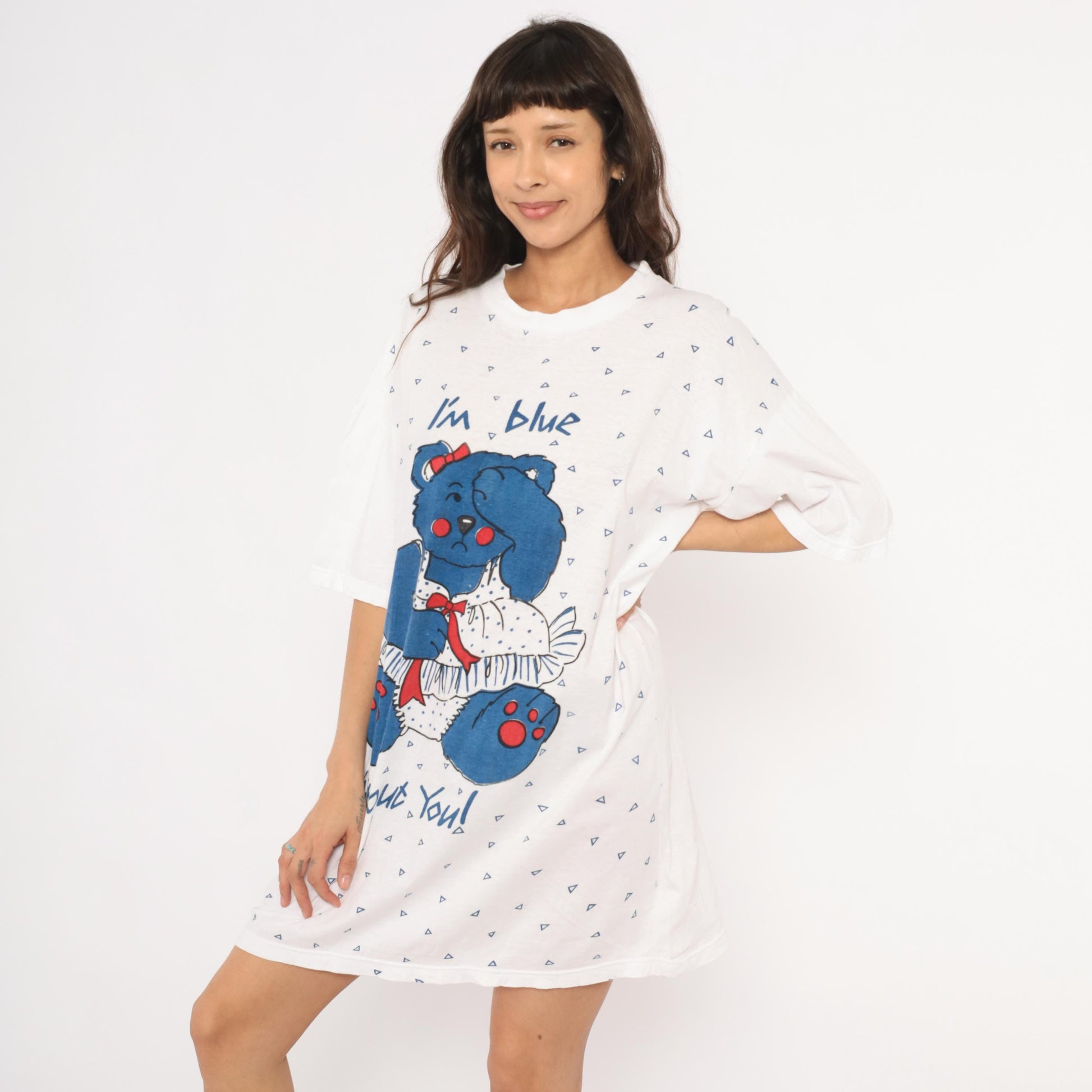 90s Tracys Place Blue Bear Nightshirt White Cotton Graphic Sleep Tee One Size