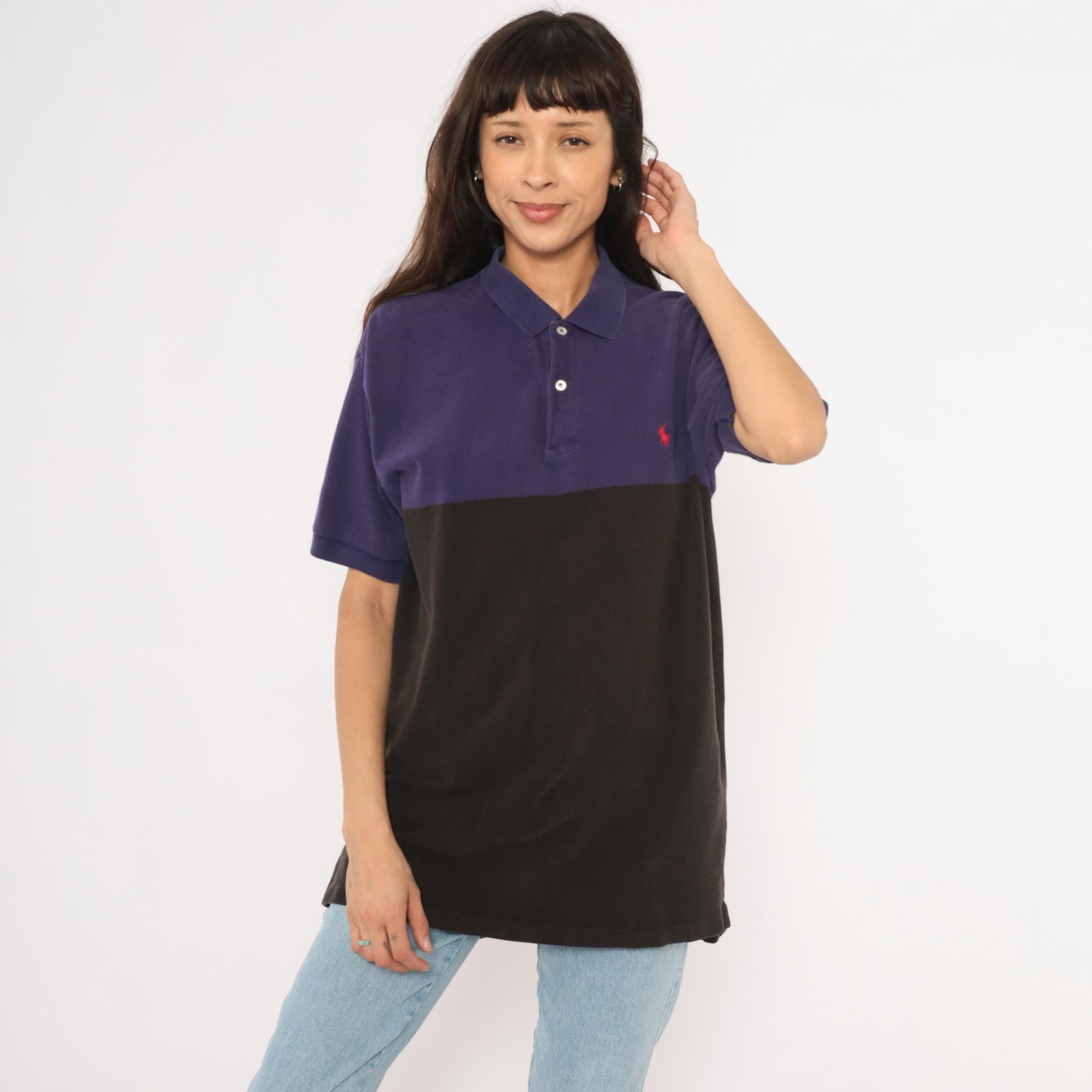 90s Polo by Ralph Lauren Color Block Pique Polo Purple Navy Black Cotton Large L