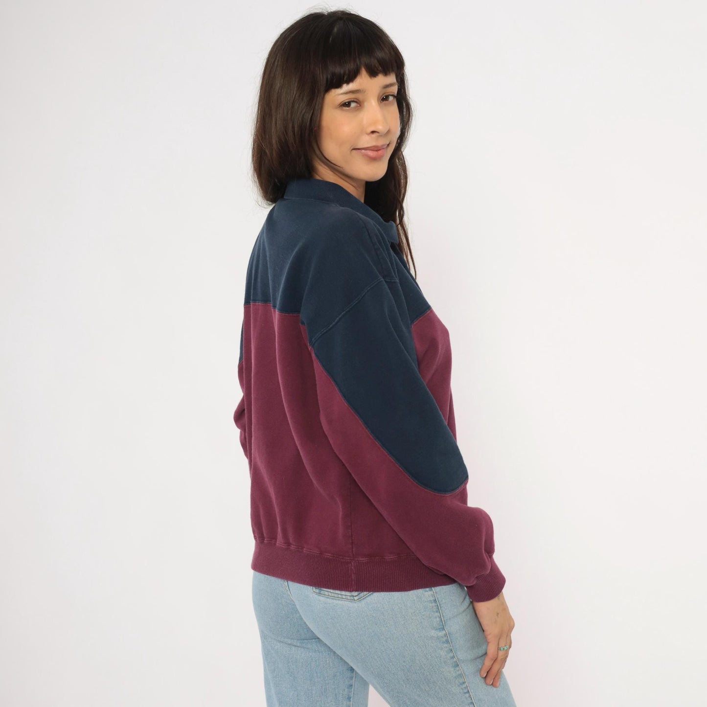 90s Werguard Color Block Polo Sweatshirt Navy Burgundy Cotton Medium M
