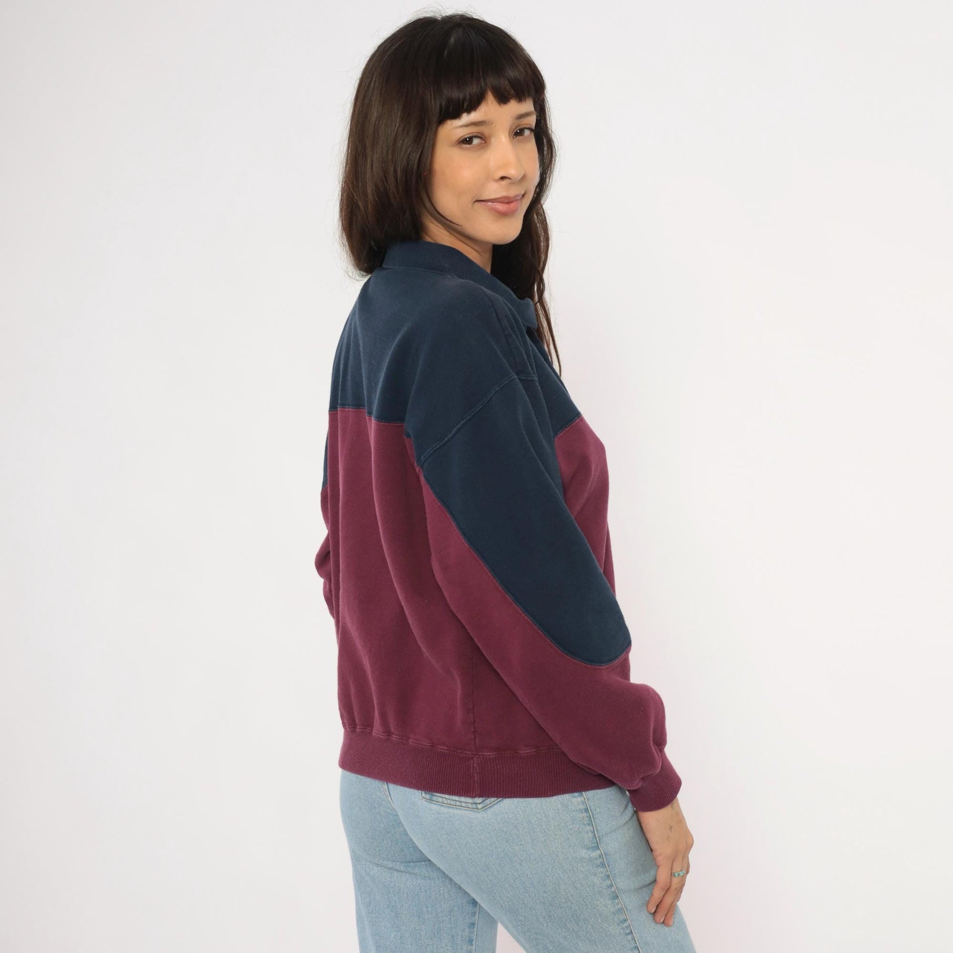 90s Werguard Color Block Polo Sweatshirt Navy Burgundy Cotton Medium M