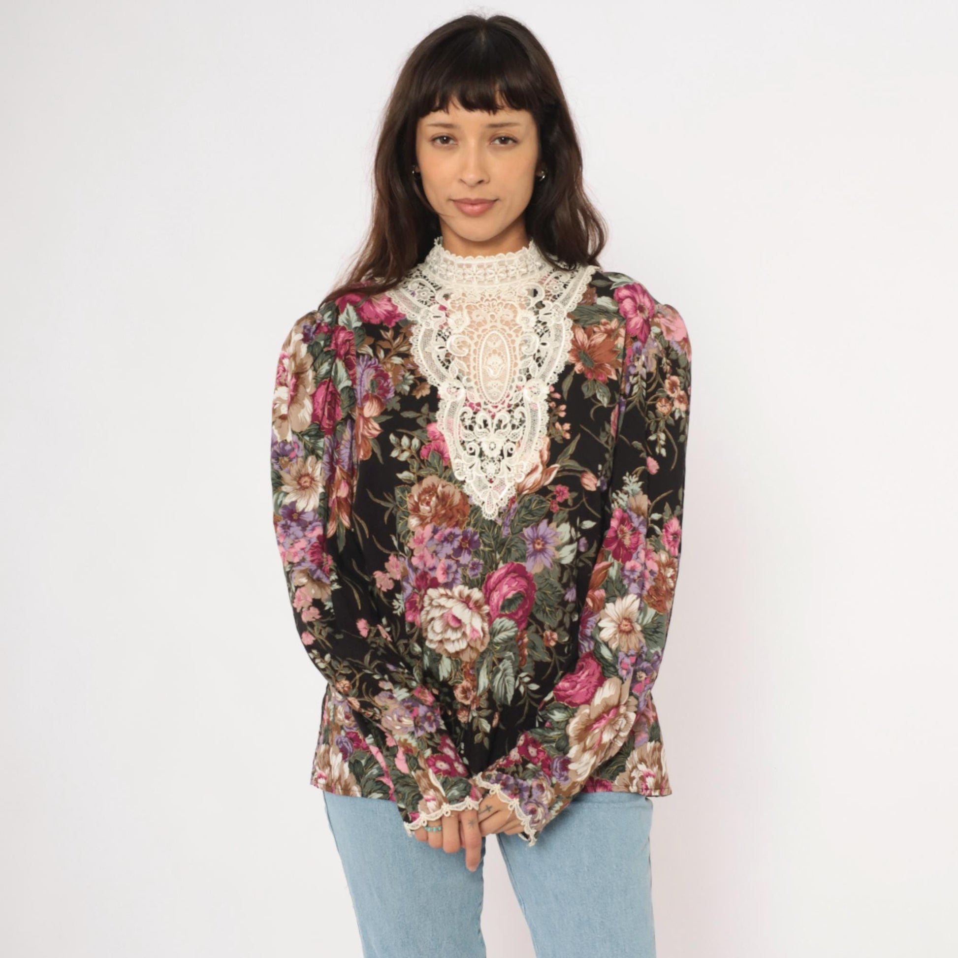 90s Scott McClintock Black Floral Blouse Lace Bib Puff Sleeve Extra Large XL