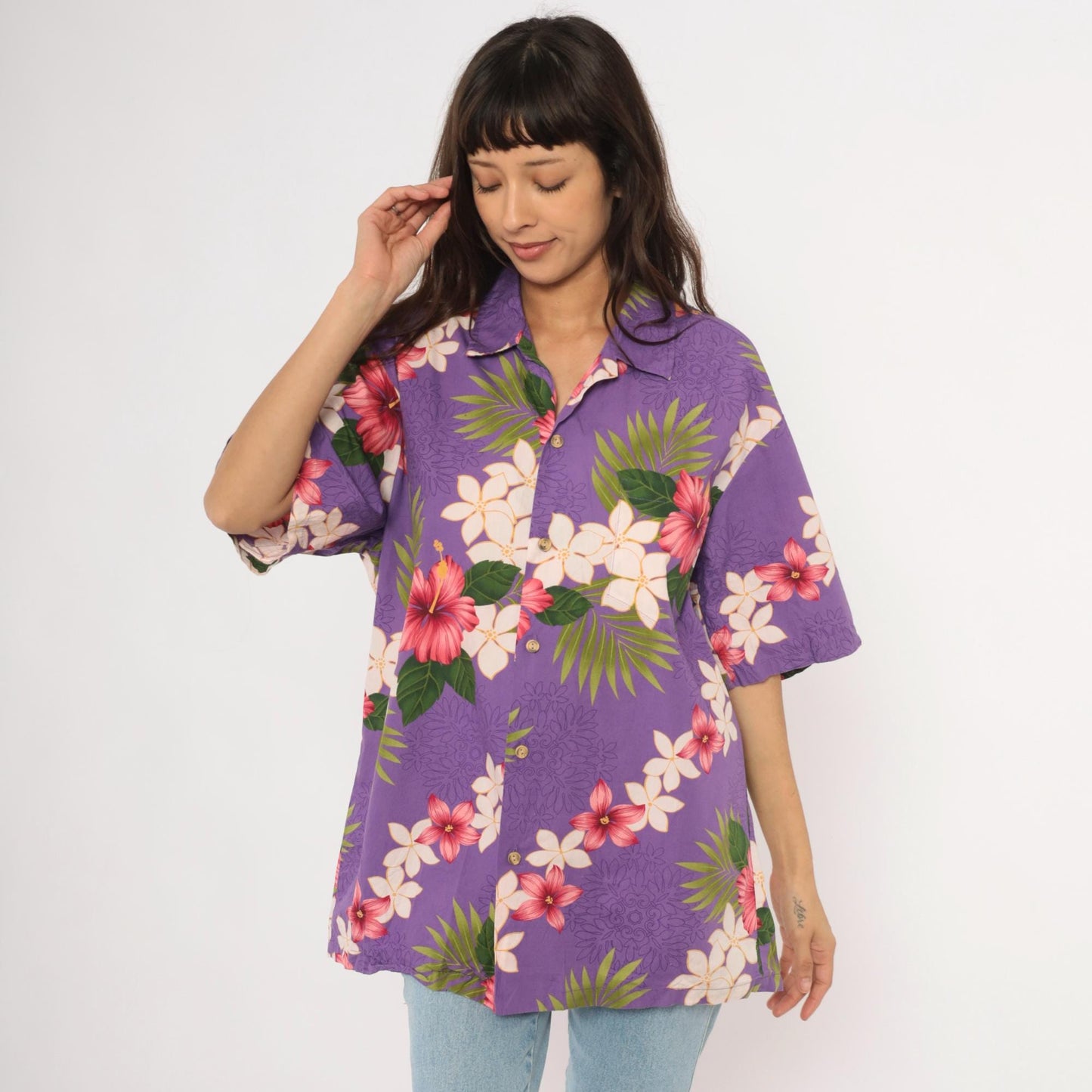 90s Purple Hawaiian Shirt Tropical Floral Hibiscus Plumeria Cotton Extra Large XL