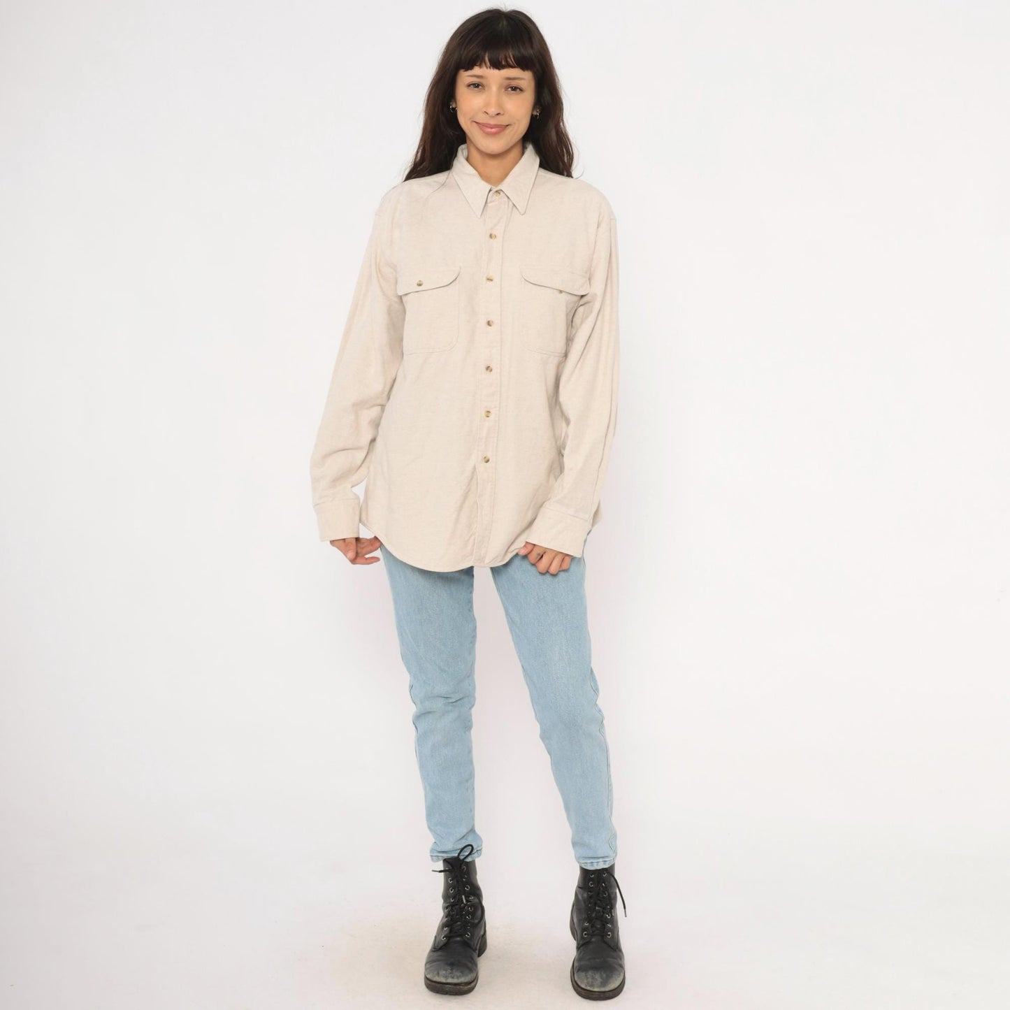 90s Appalachian Trail Flannel Button-Up Shirt Cream Cotton Unisex Extra Large XL