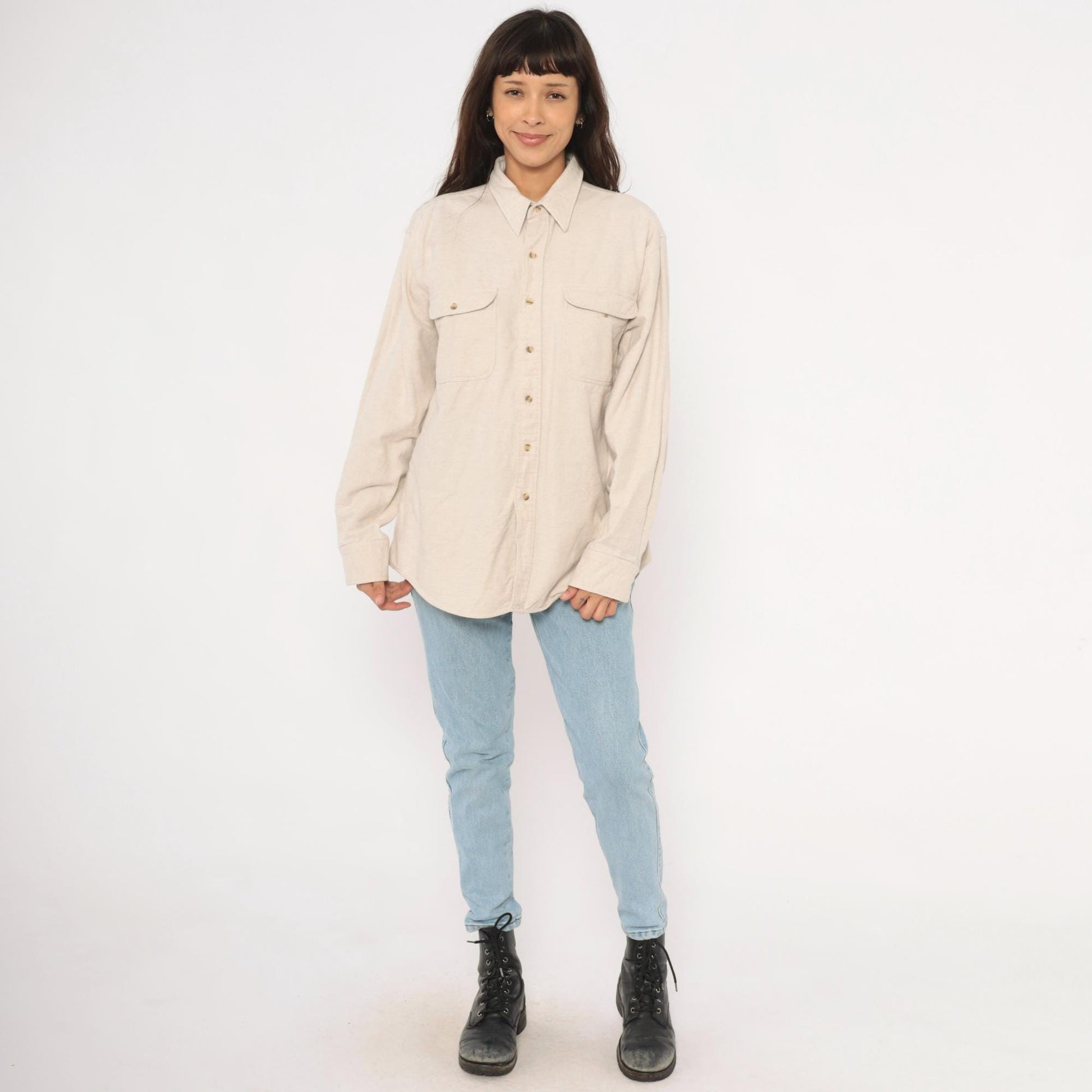 90s Appalachian Trail Flannel Button-Up Shirt Cream Cotton Unisex Extra Large XL