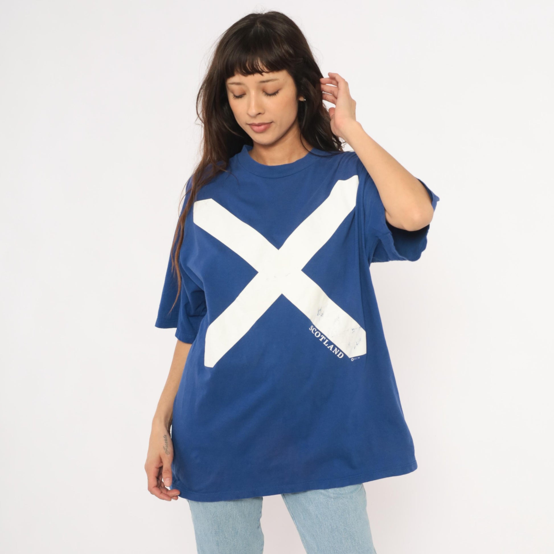 90s Scotland Saltire Flag Graphic Tee Jerzees Cobalt Blue Cotton Extra Large XL