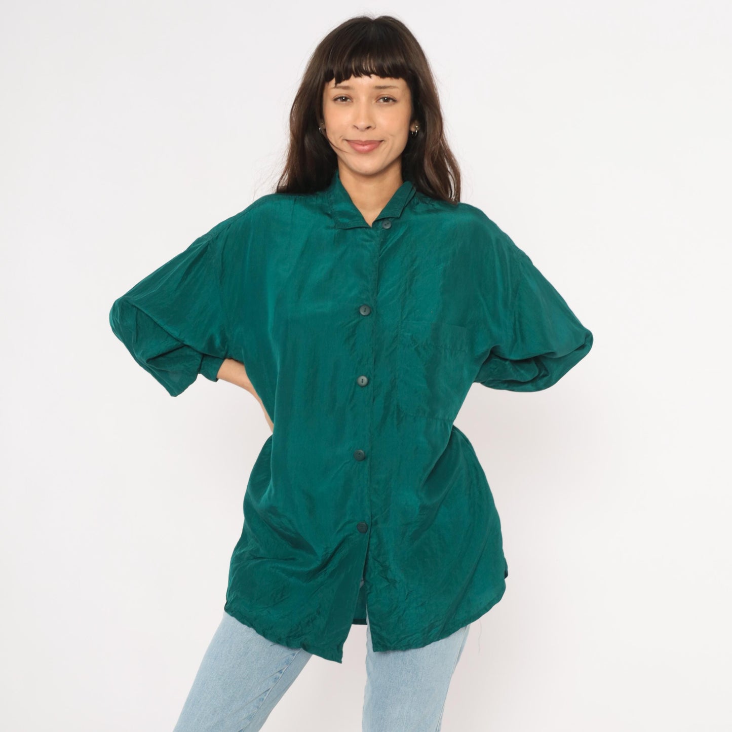 90s The Limited Teal Silk Button Shirt Camp Collar Balloon Sleeve Small