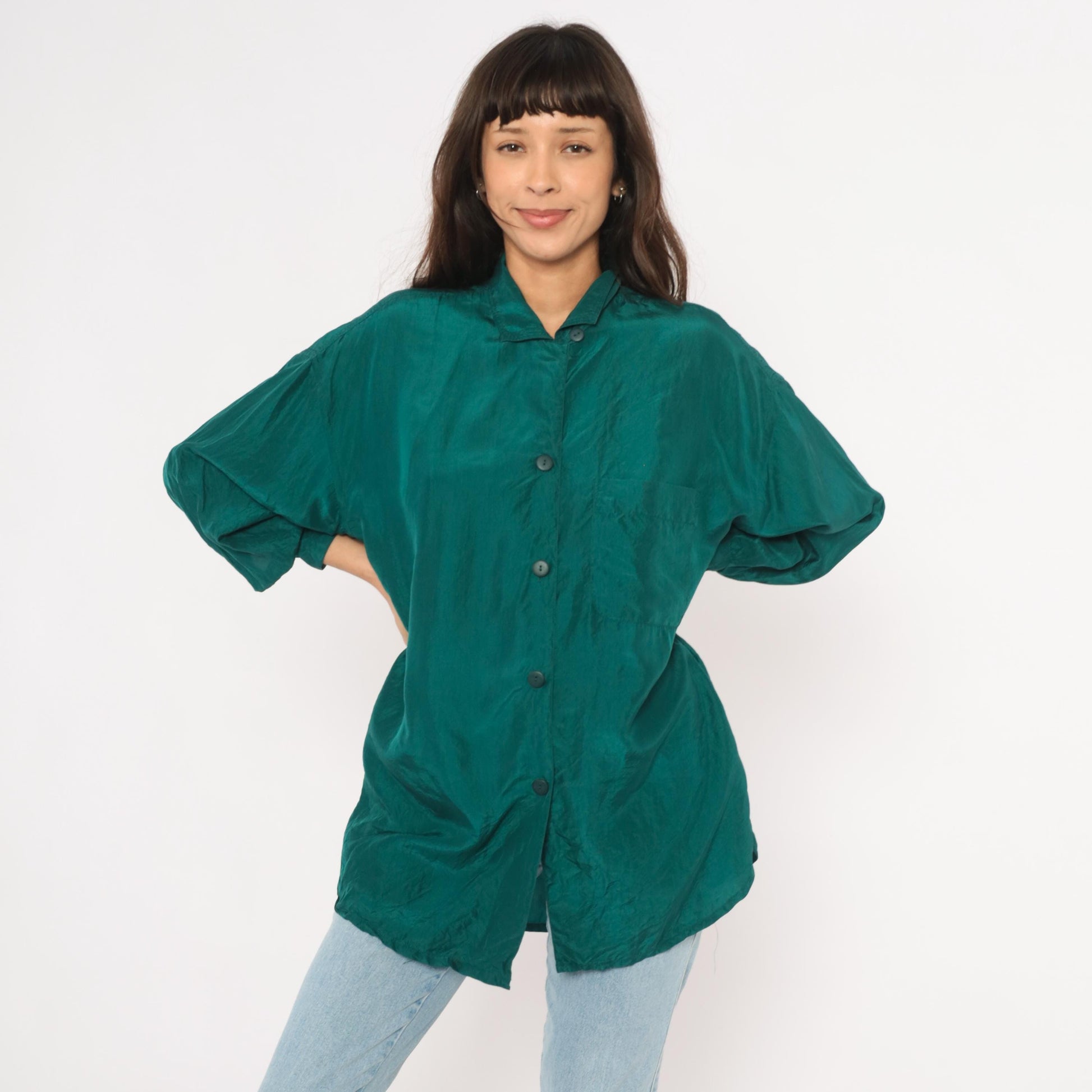 90s The Limited Teal Silk Button Shirt Camp Collar Balloon Sleeve Small