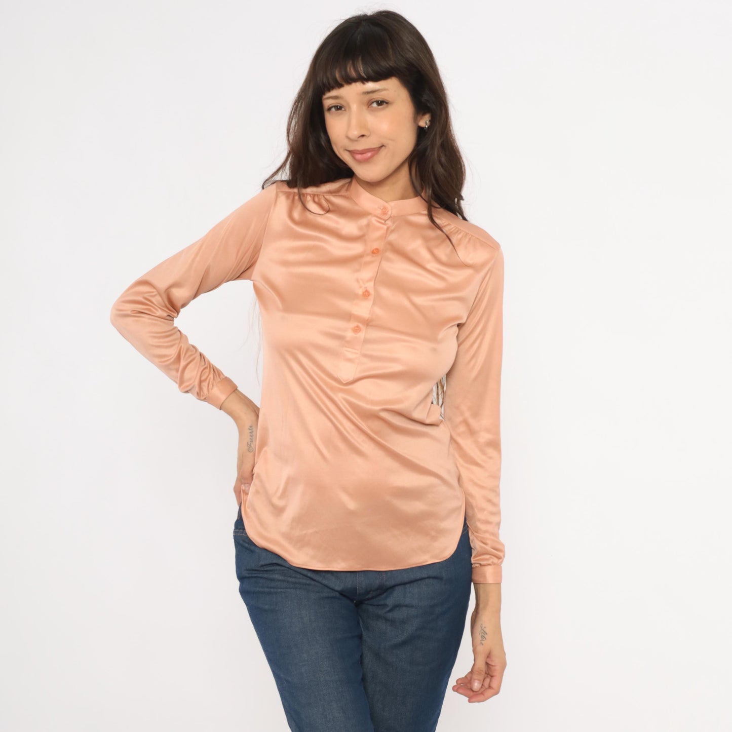 70s Spices Blush Pink Satin Blouse Mandarin Collar Long Sleeve Medium M