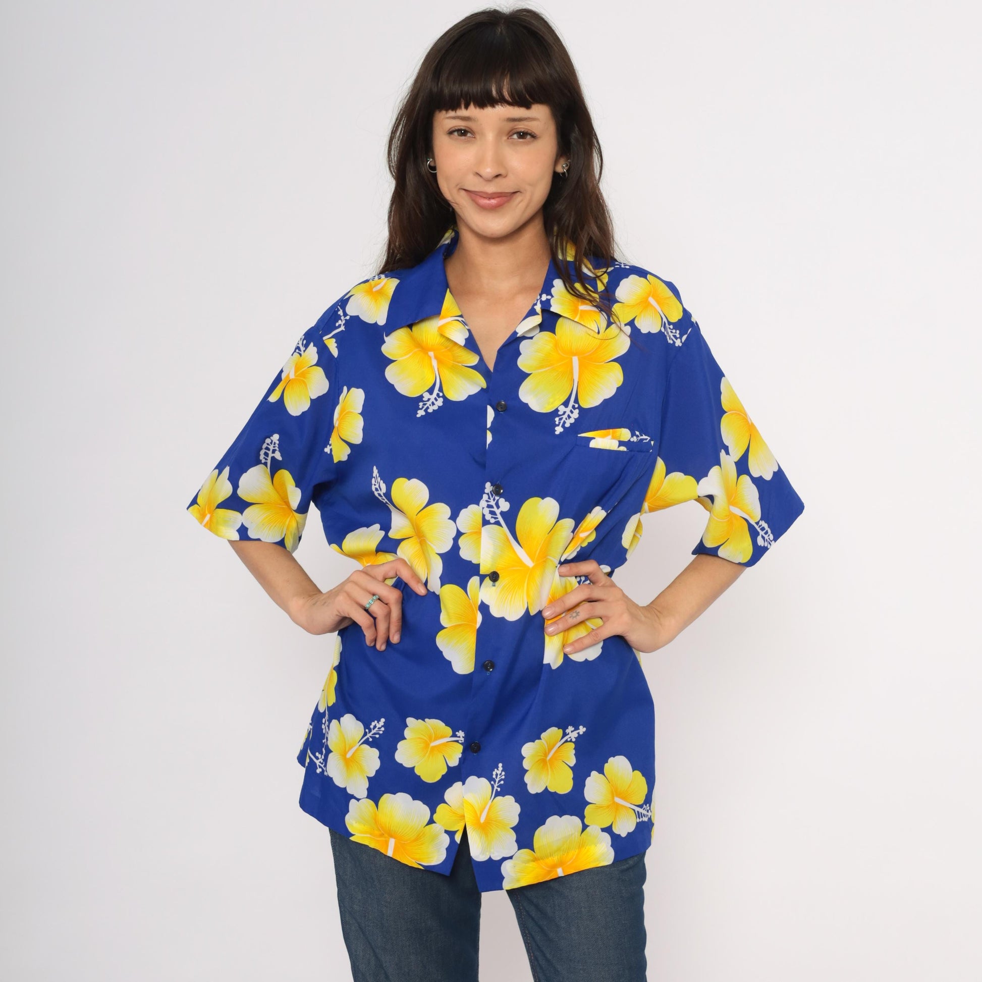 90s Hilo Hatties Hawaiian Hibiscus Shirt Cobalt Blue Yellow Camp Collar Extra Large XL