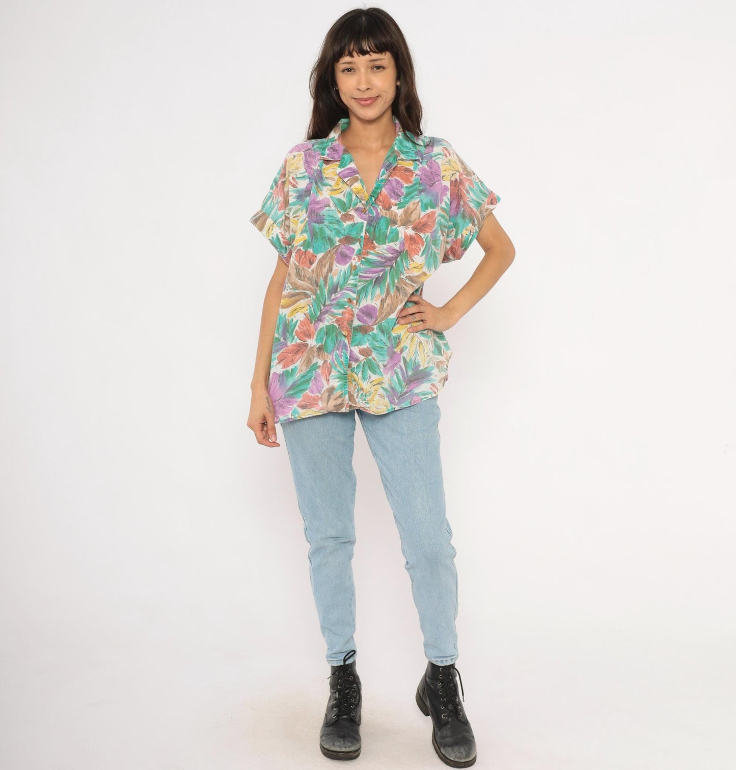 90s Cabrais Tropical Leaf Print Camp Collar Shirt Teal Purple Coral Plus Size XXL