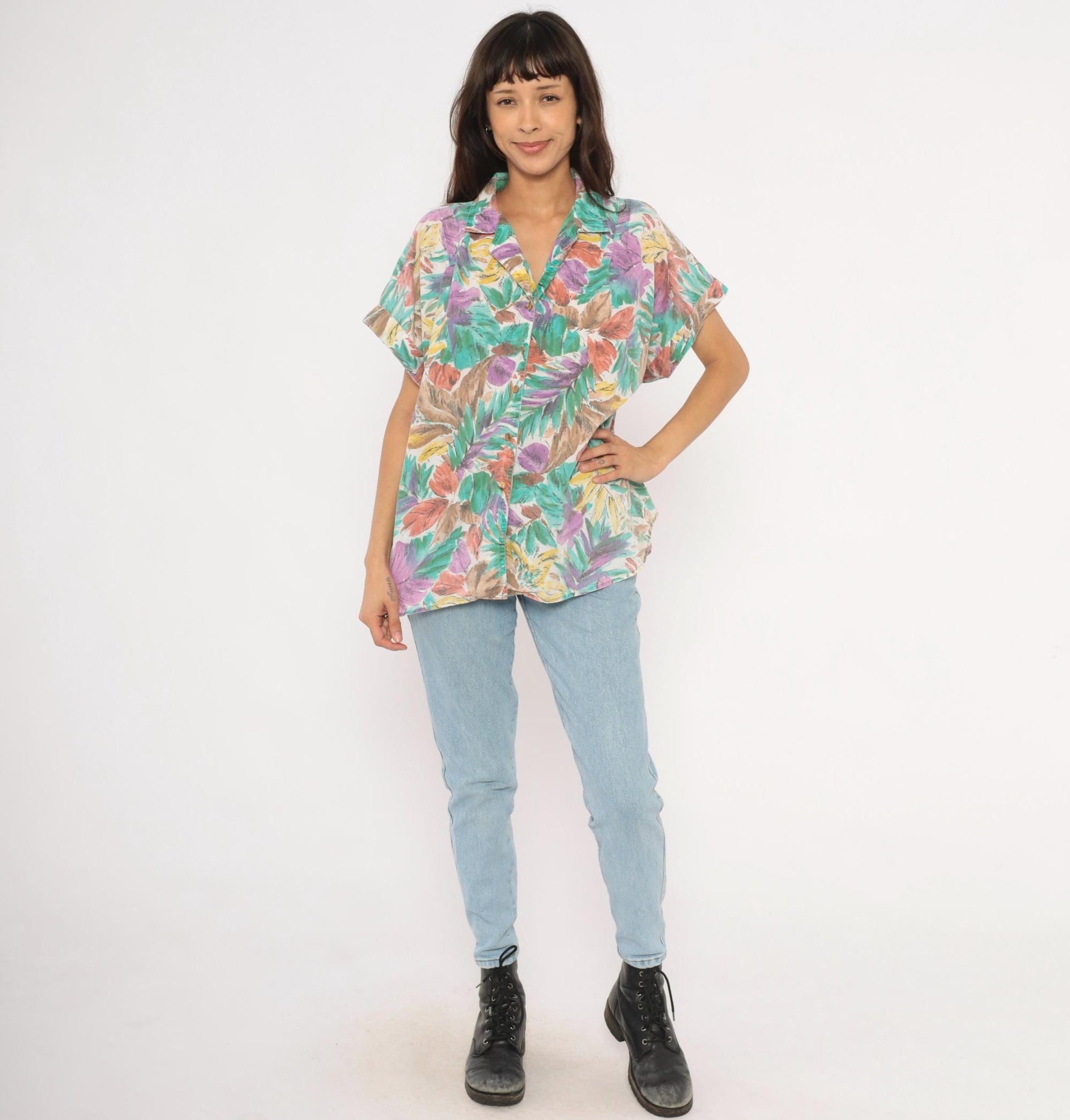 90s Cabrais Tropical Leaf Print Camp Collar Shirt Teal Purple Coral Plus Size XXL