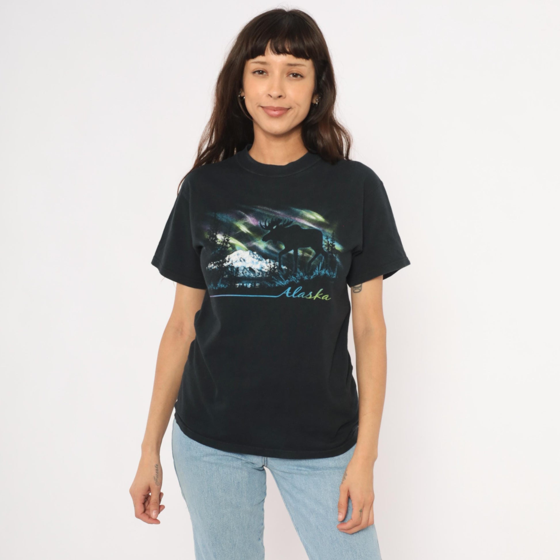 Y2K Alaska Moose Aurora Borealis Graphic Tee Black Cotton Small S