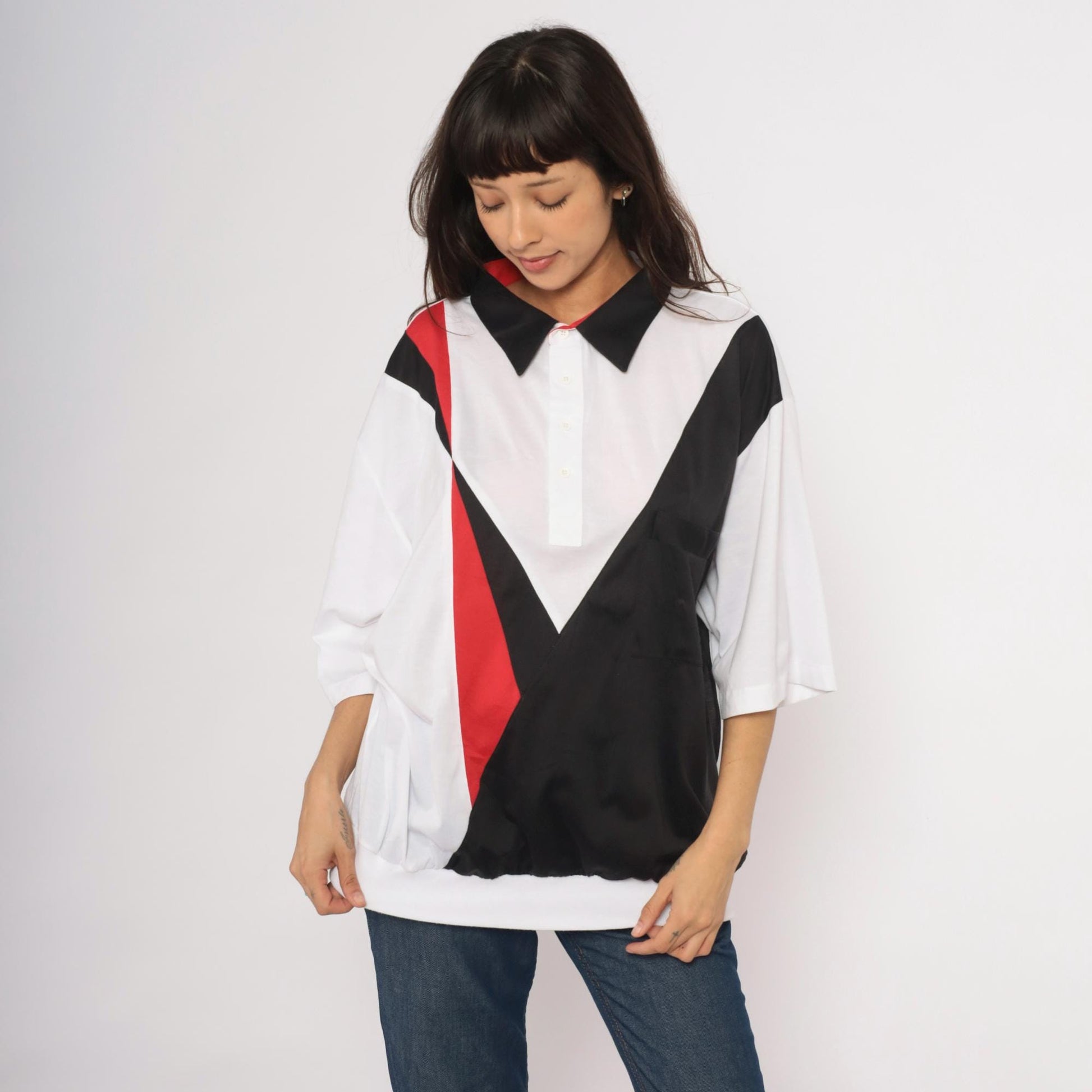 80s Envoy Colour Block Polo Chevron White Black Red Plus Size XXL