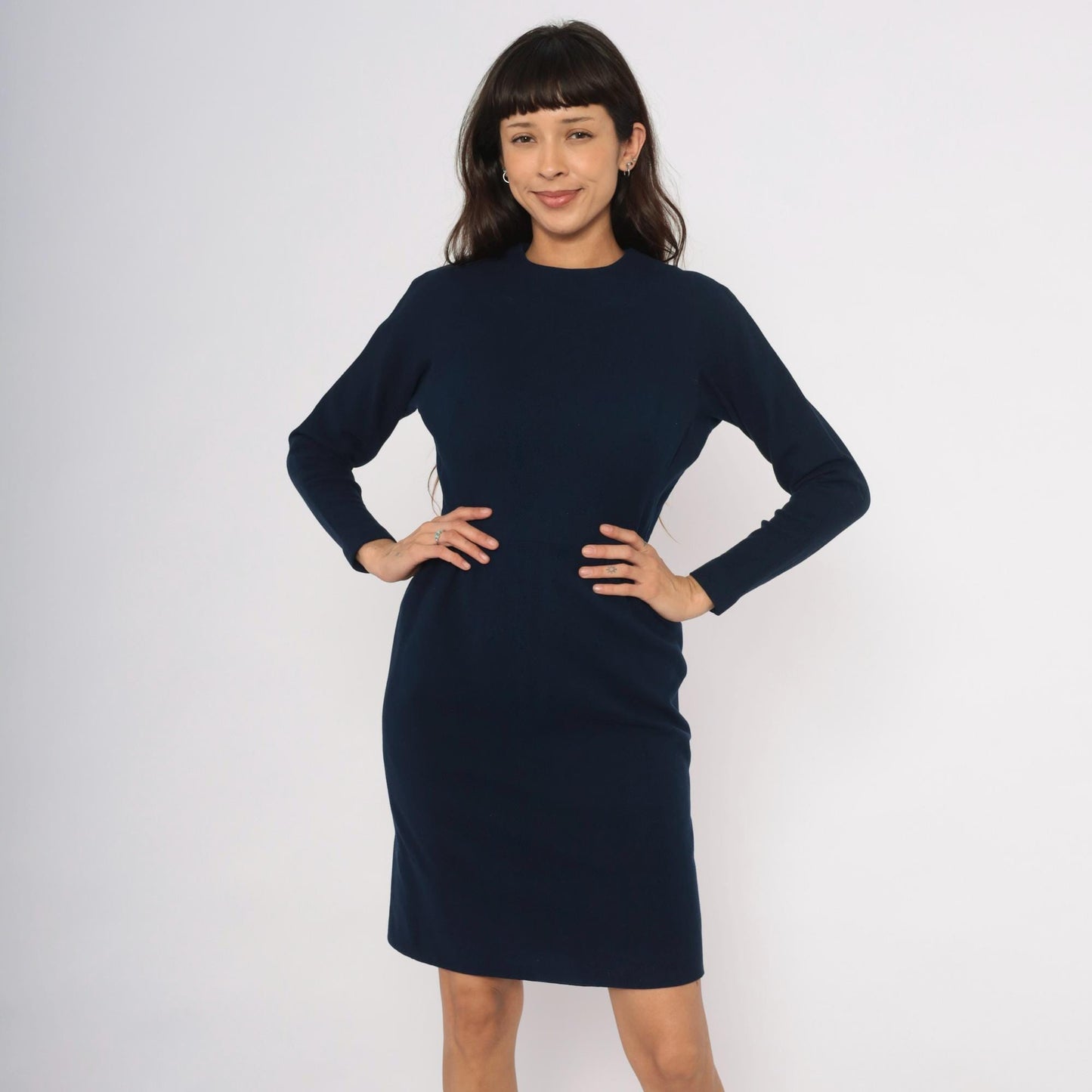1950s Junior Sophisticates Navy Wool Dress Gathered Waist Knee Length Small