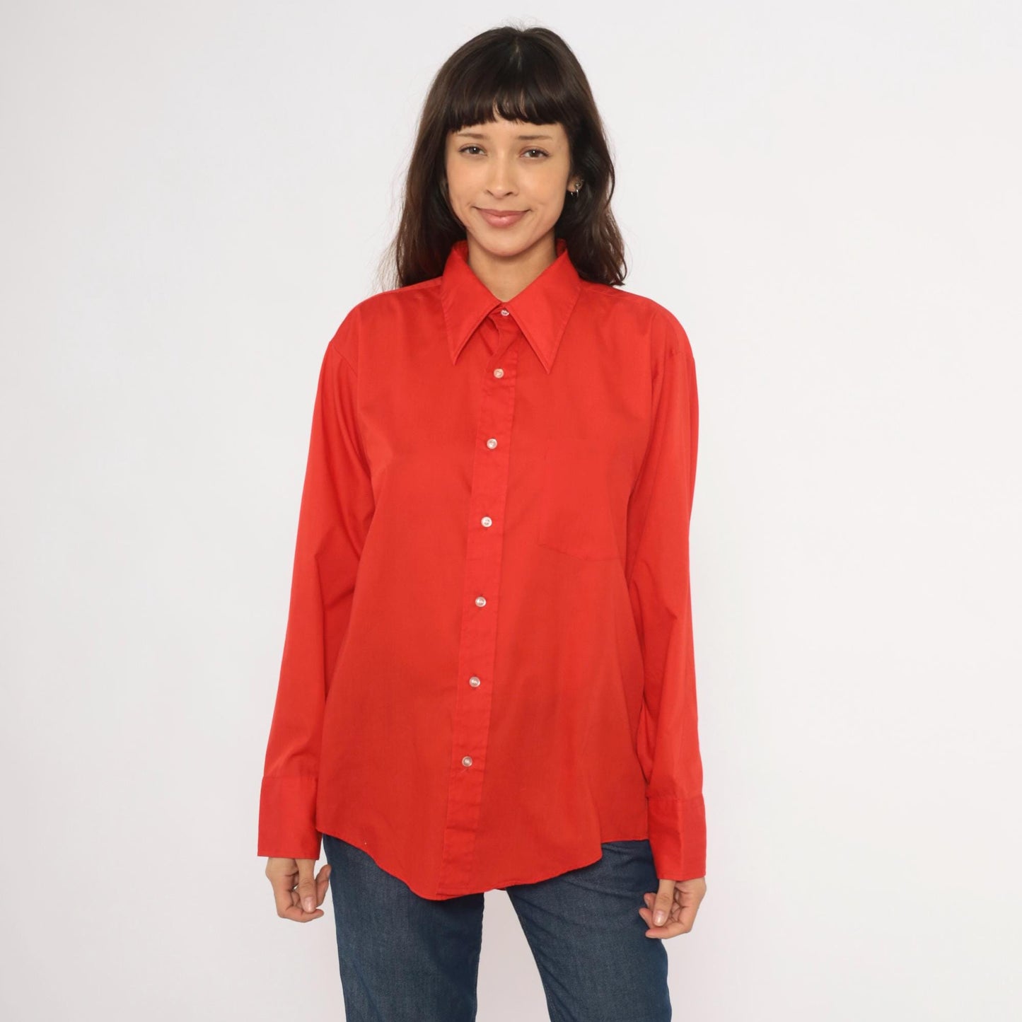 70s Golden Vee Red Button-Up Shirt Pointed Collar Long Sleeve Medium