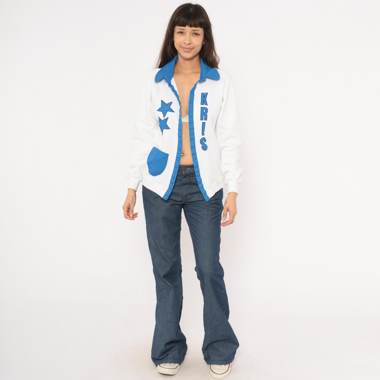 90s Jerzees Royal Dance Star Patch Sweatshirt Jacket White Blue Collared Medium M
