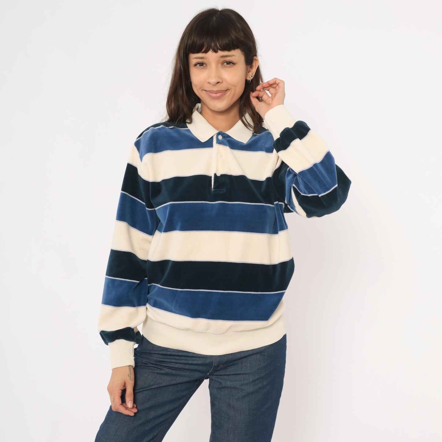80s Damon Striped Velour Rugby Polo Cream Navy Collared Pullover Medium