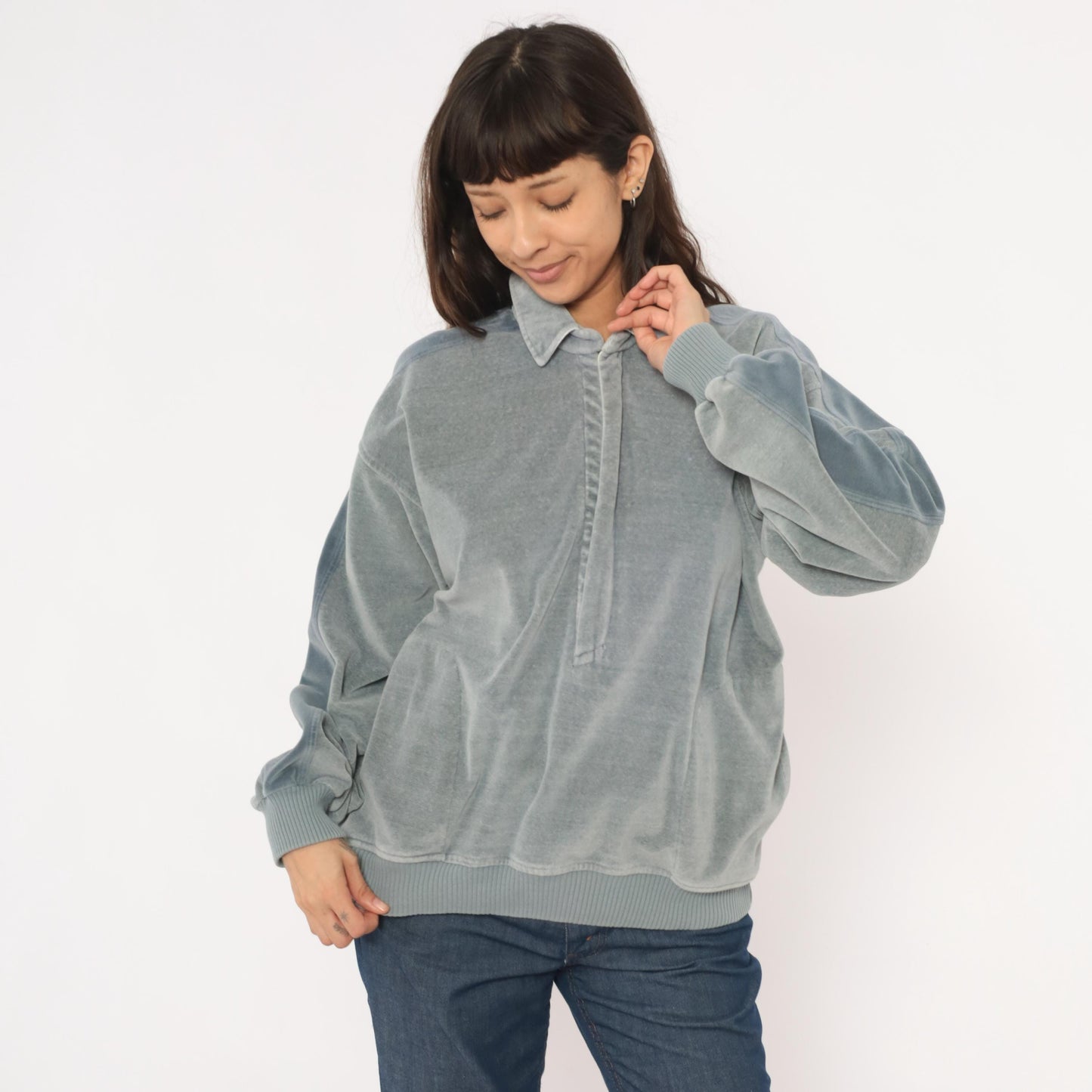80s Damon Velour Polo Sweatshirt Grey-Blue Collared Pullover Medium M