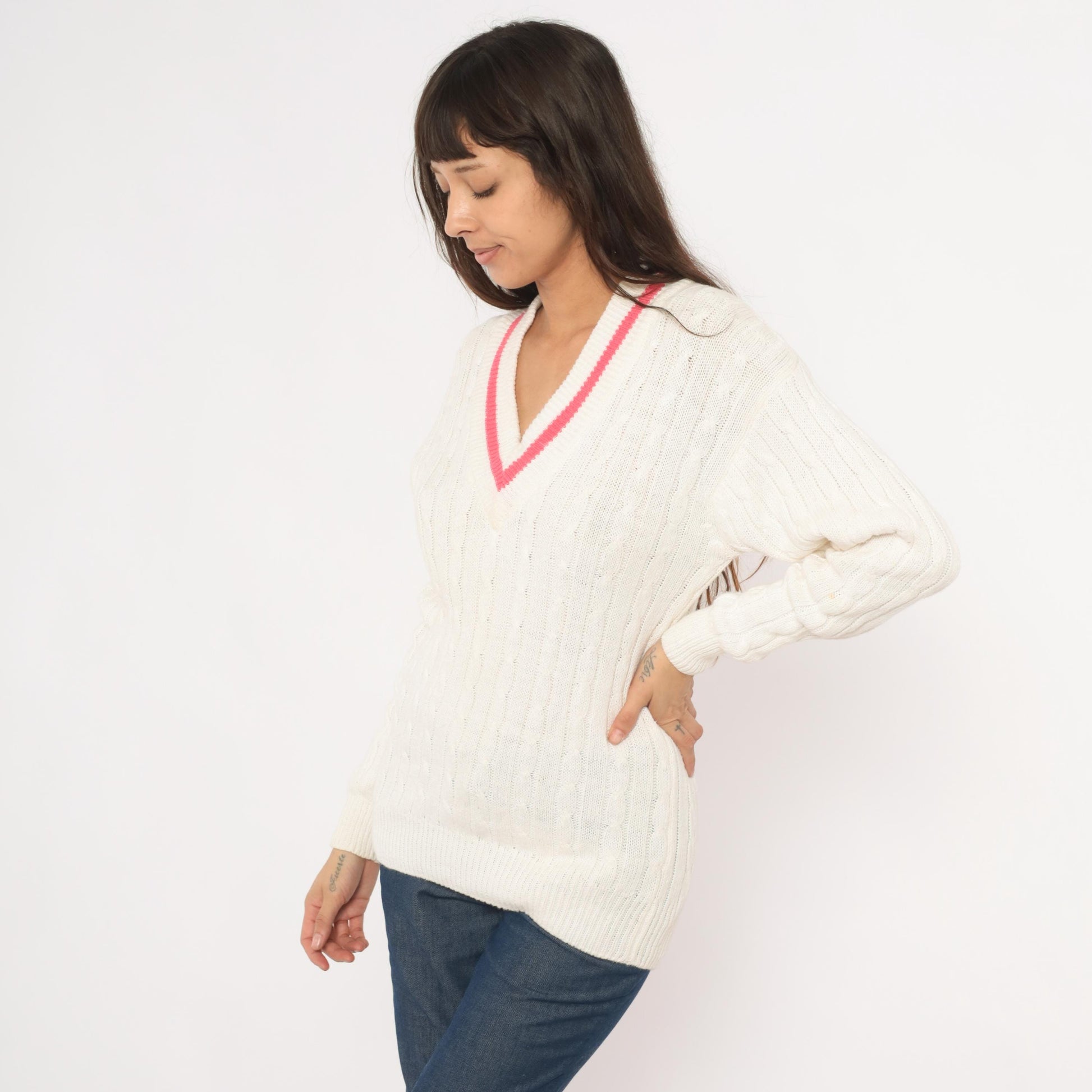 90s Boundary Waters Cable Knit V Neck Sweater Pink Stripe Ivory Small S