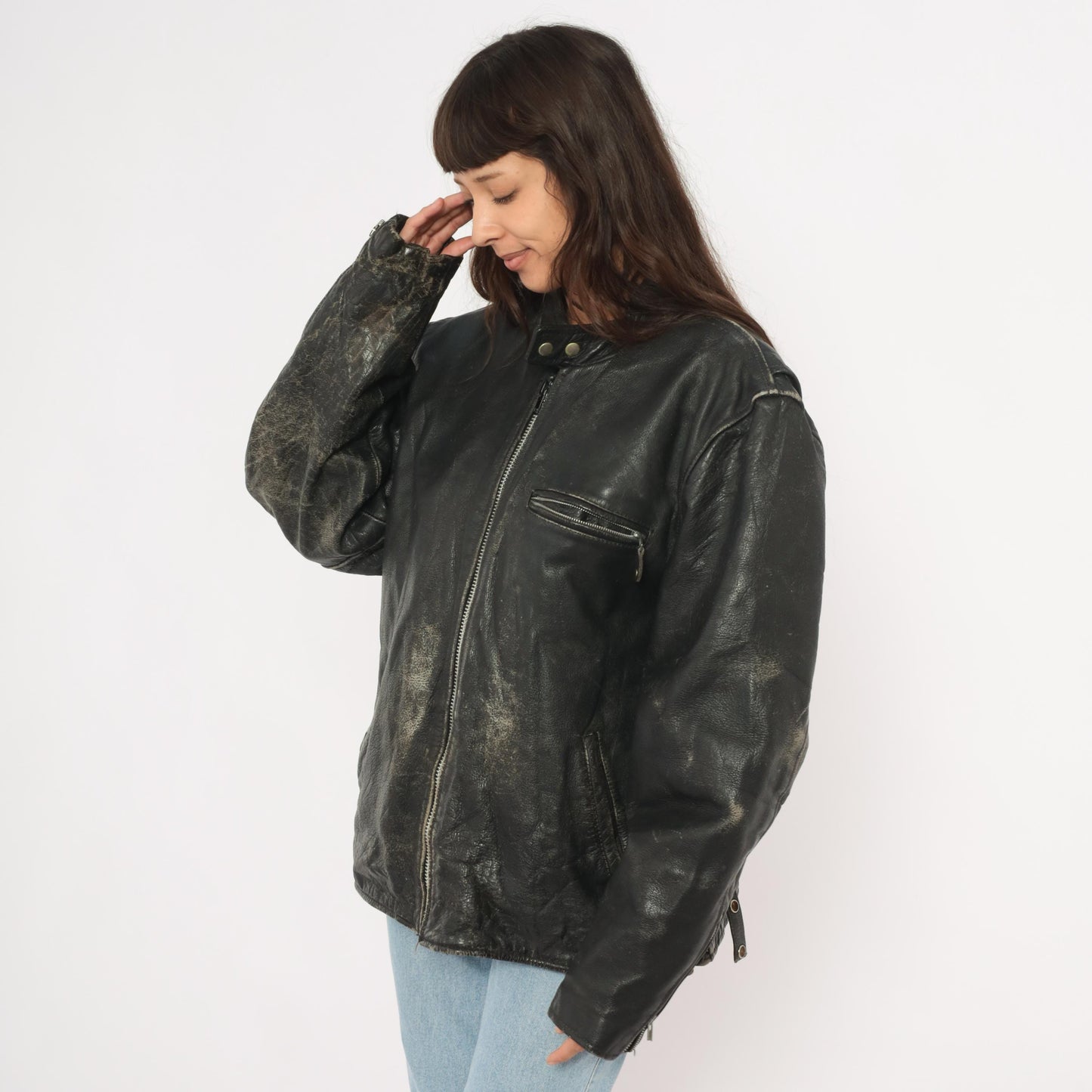 90s Unik Leather Cafe Racer Jacket Black Moto Coat Heavy Weight Extra Large