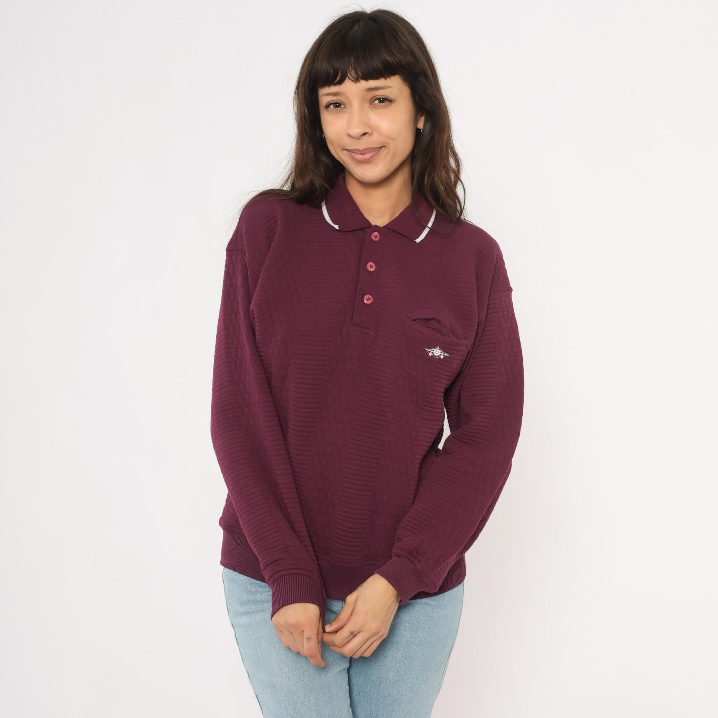 90s Green Line International Plum Polo Sweater Diamond Knit White Collar Medium M