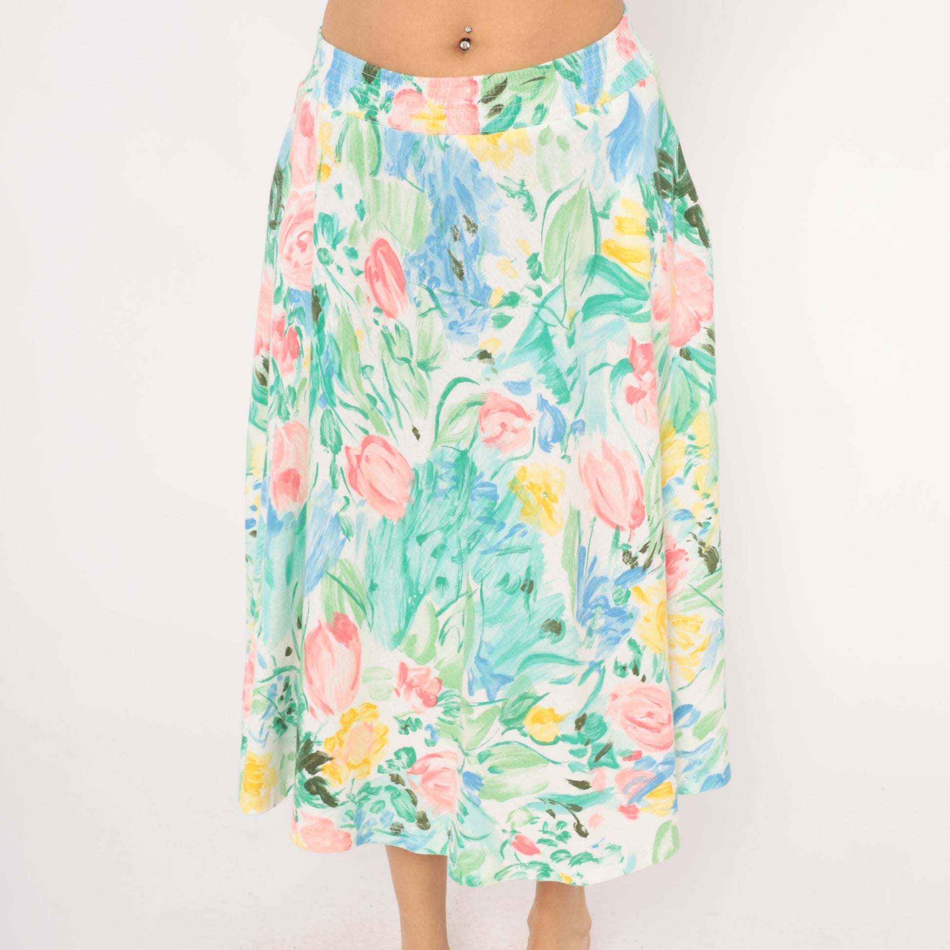 80s Dennis Goldsmith Floral Midi Skirt A-Line Pink Teal Green Medium