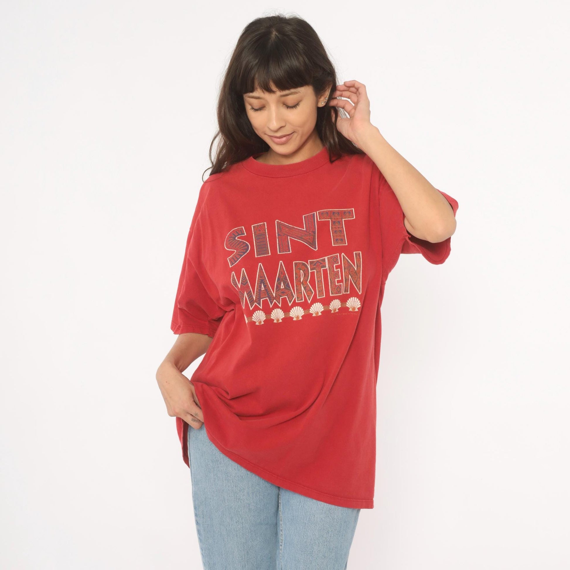 90s Sint Maarten Tribal Seashell Souvenir Tee Red Cotton Extra Large XL