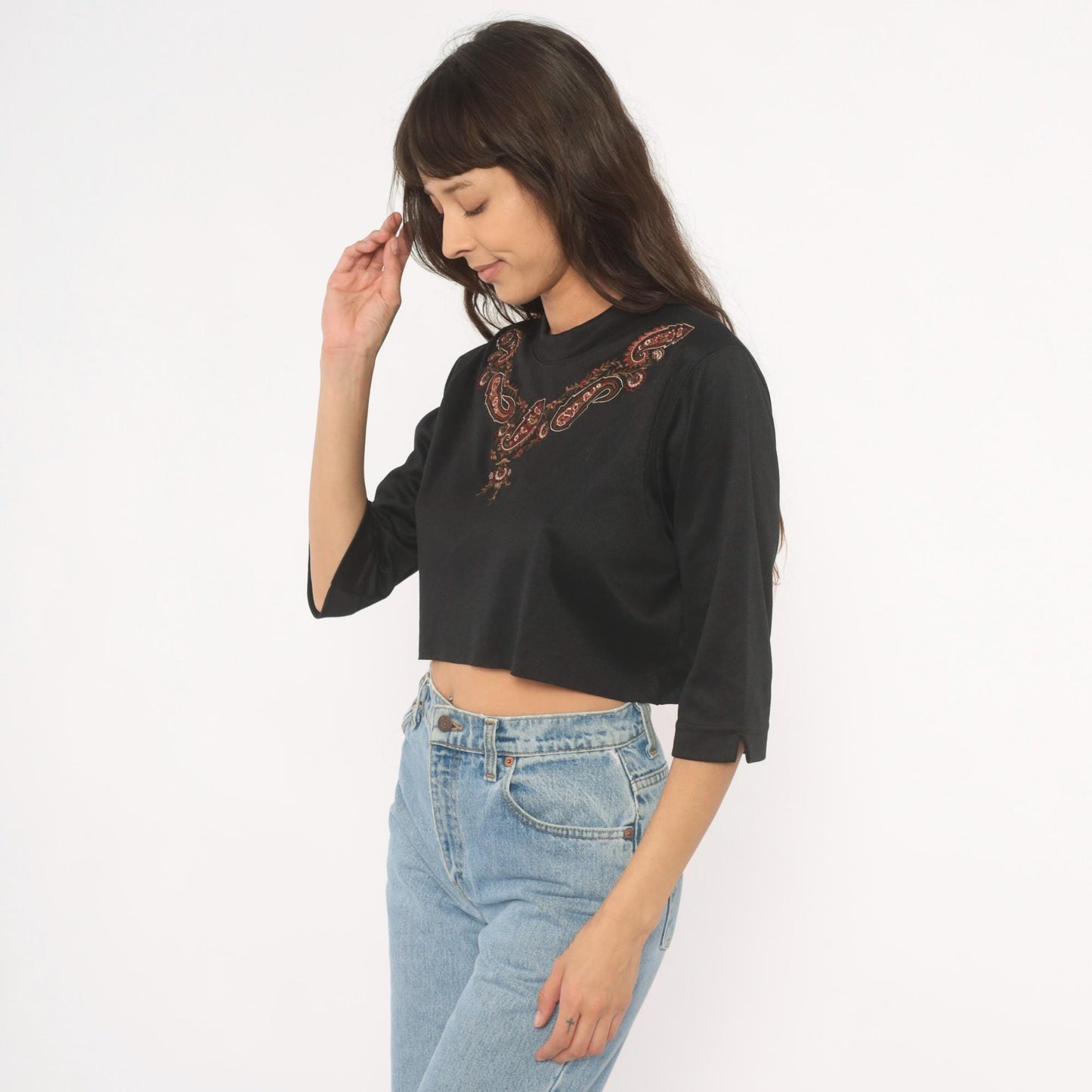 80s Bon Worth Paisley Embroidered Crop Top Black Three Quarter Sleeve Small