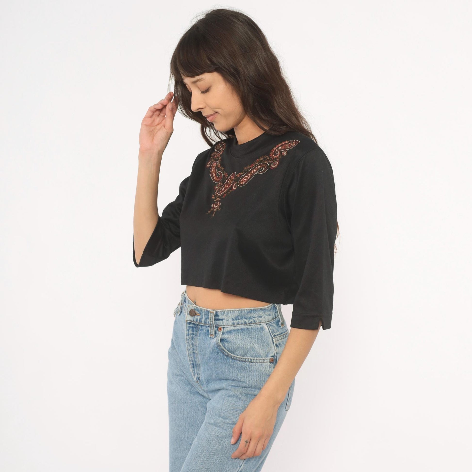80s Bon Worth Paisley Embroidered Crop Top Black Three Quarter Sleeve Small