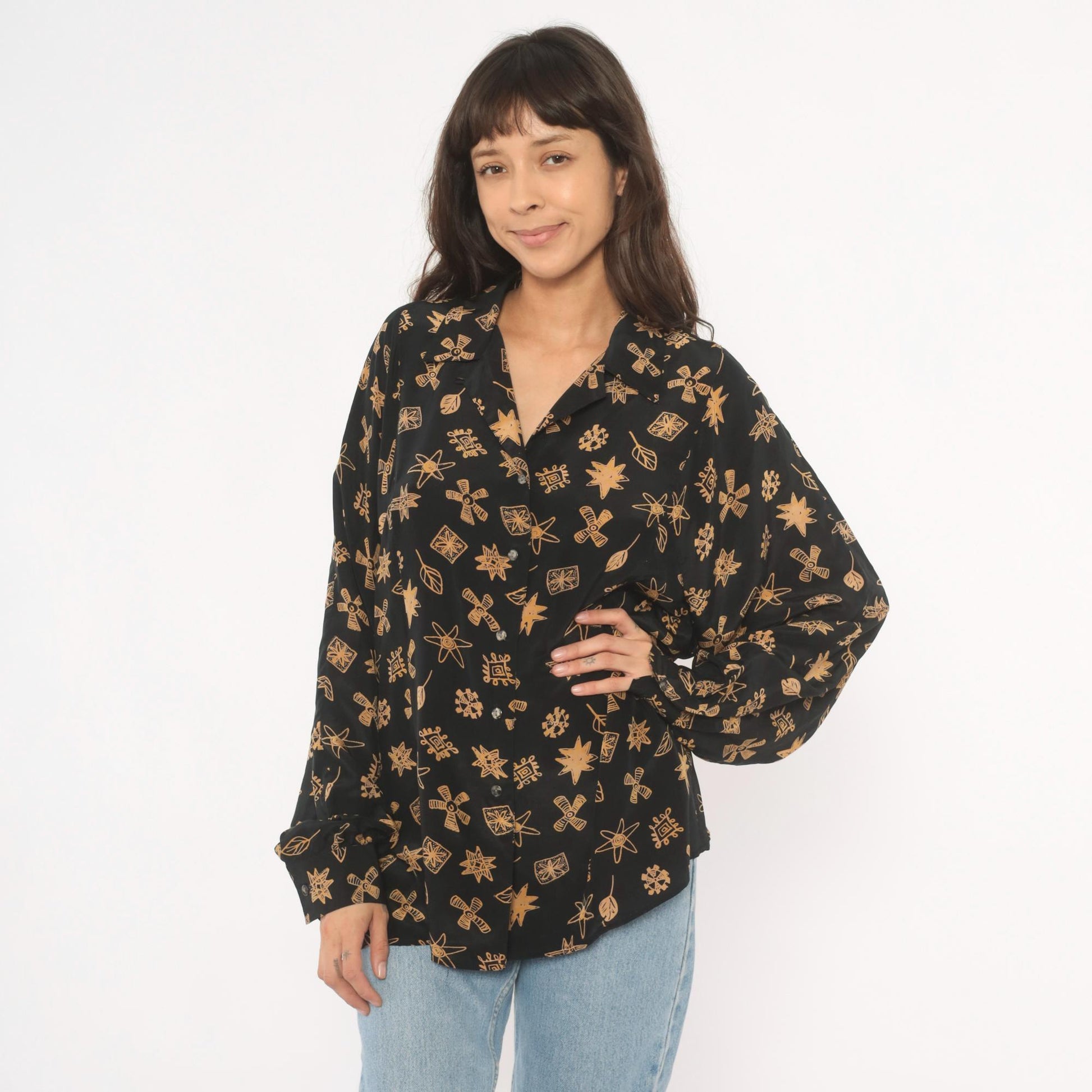 90s Annie Alexander Silk Blouse Black Gold Abstract Print Notched Collar Large L