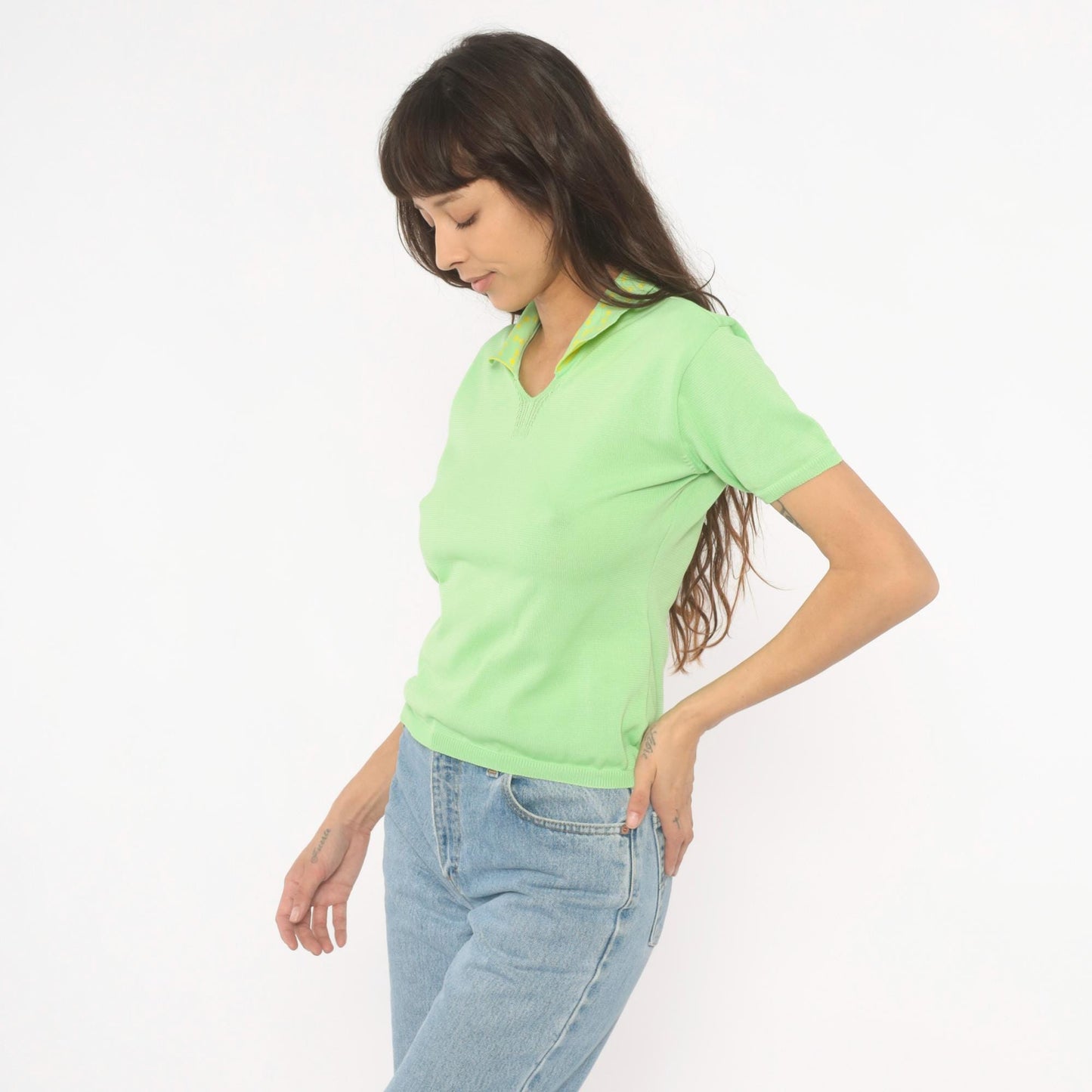 90s Lime Green Polo Knit Yellow Patterned Collar Fitted Pullover Small